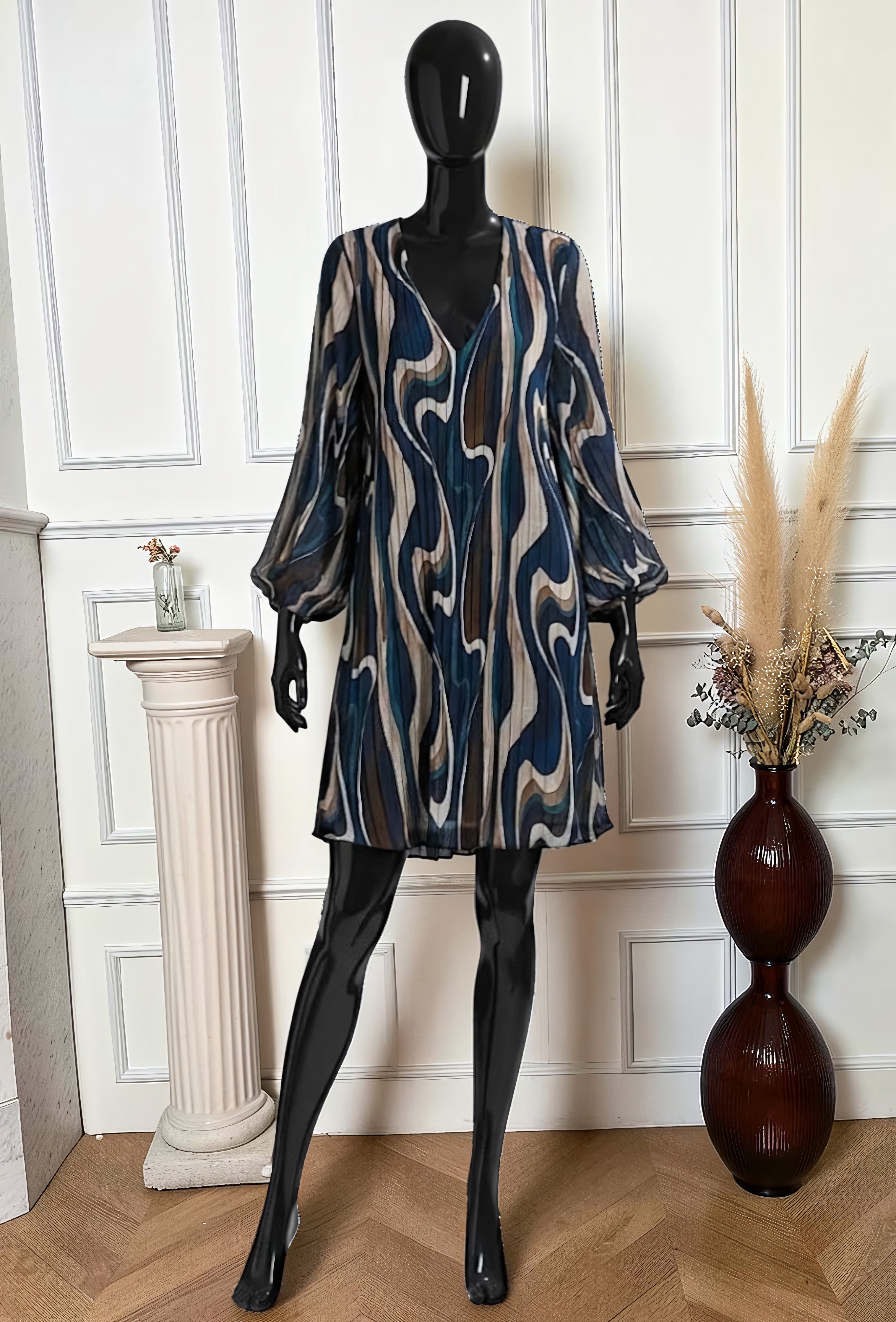 Robe Plissée Imprimé Swirl Bleu Canard – La Muse Parisienne