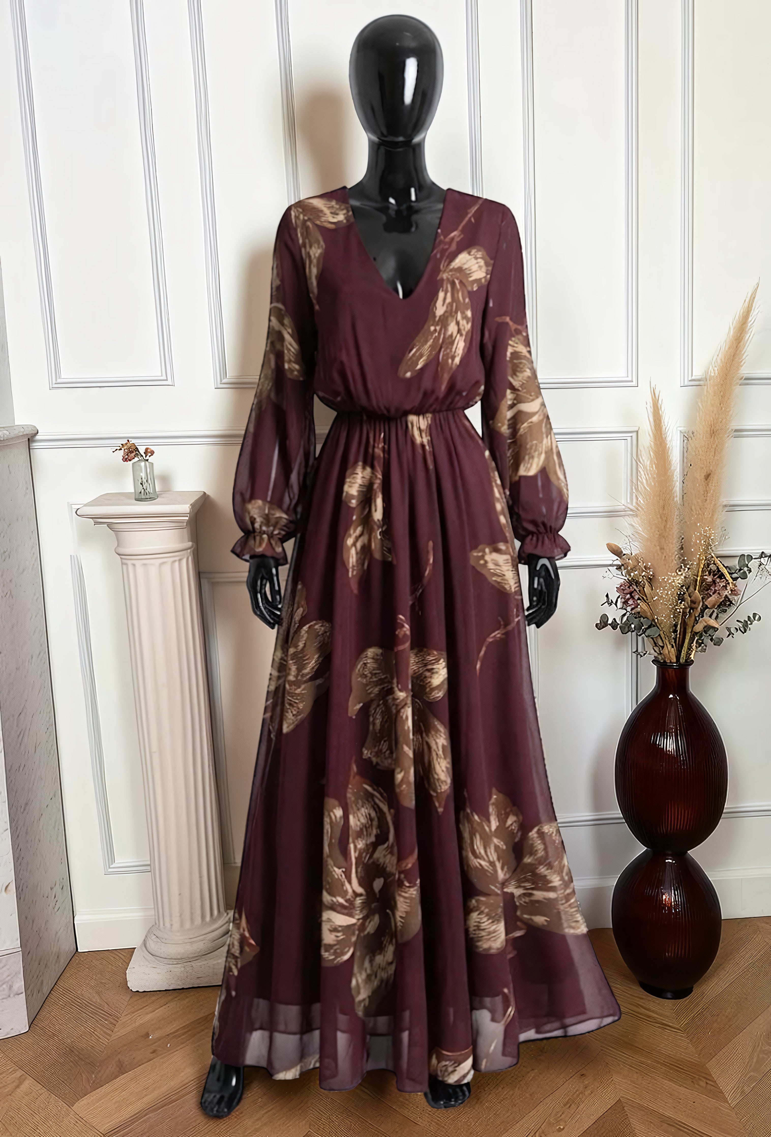 Robe Col V Imprimé Floral Prune – La Muse Parisienne