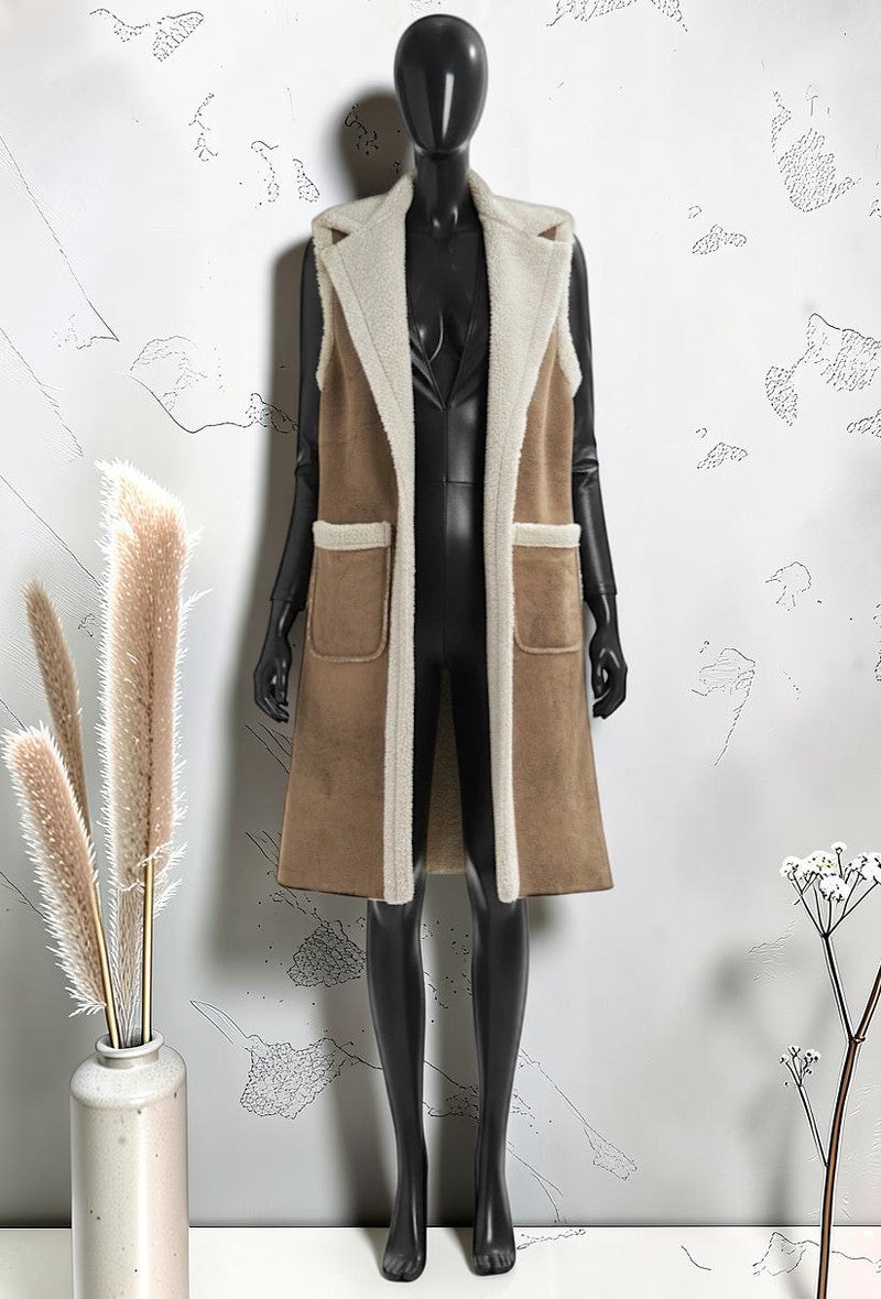 Manteau sans Manches en Laine Bouillie Automnal Chic et Tendance Caramel