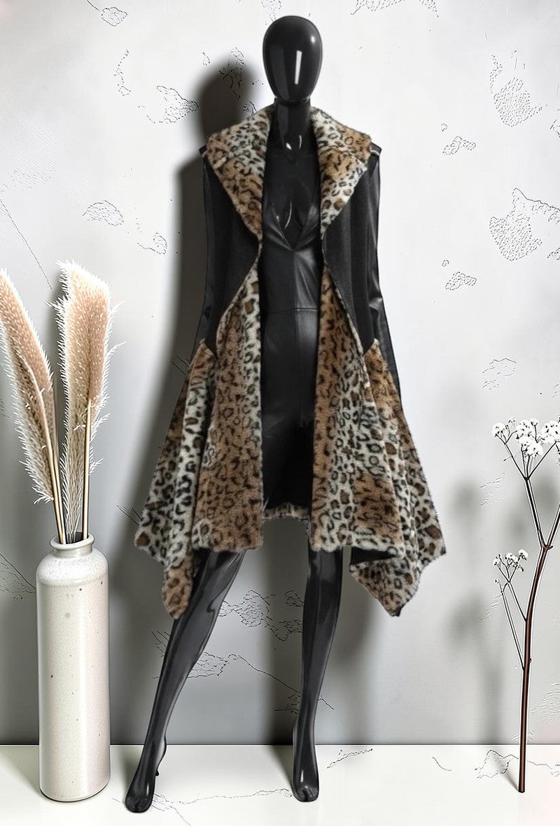 Manteau Long Sans Manches en Fausse Fourrure Léopard et Daim Automnal Noir