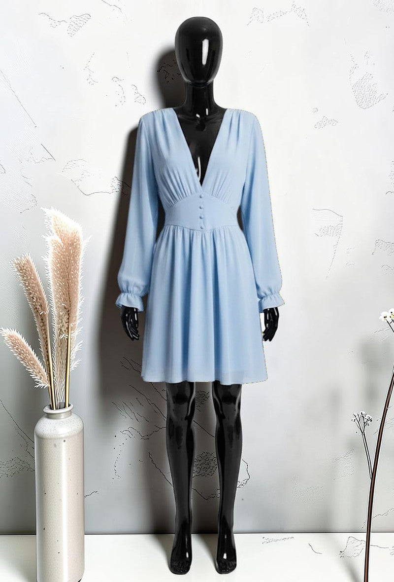 Robe Unie à Manches Longues Boutonnée avec Doublure en Viscose Bleu ciel