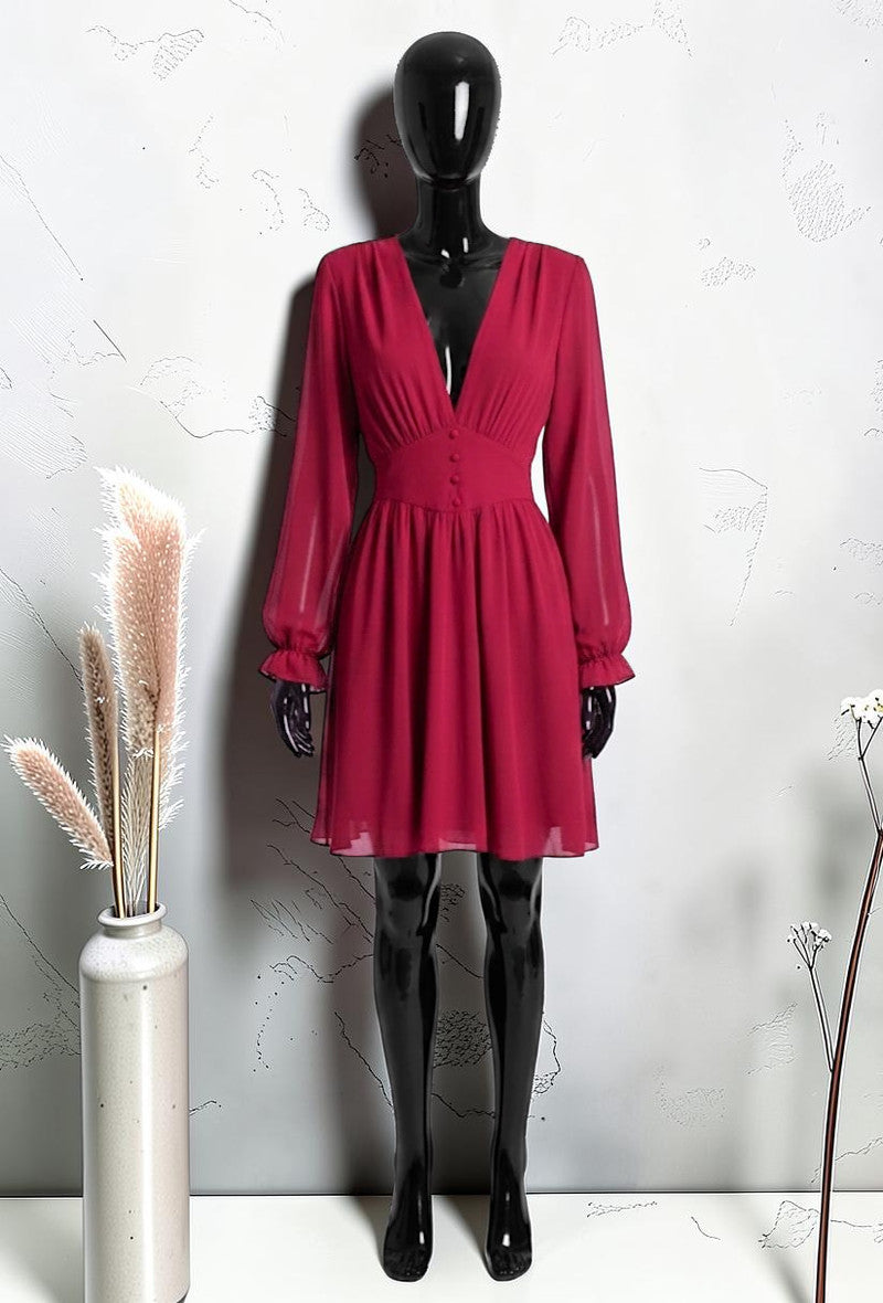 Robe Unie à Manches Longues Boutonnée avec Doublure en Viscose Framboise