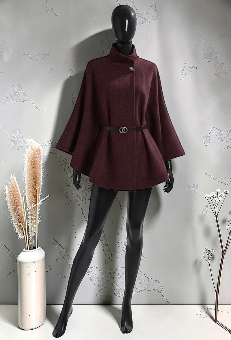 Cape Manteau avec Ceinture en Flanelle Automnale et Hivernale Bordeaux