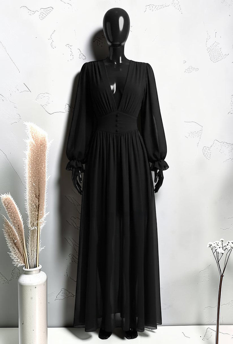 Robe à Manches Longues Boutonnée avec Doublure en Viscose et Fente Noir