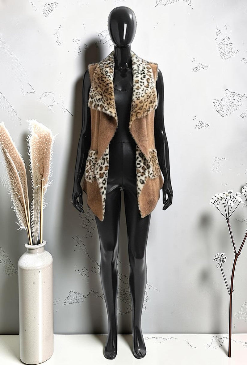 Manteau Sans Manches Façon Fausse Fourrure Léopard et Daim Automnal Caramel