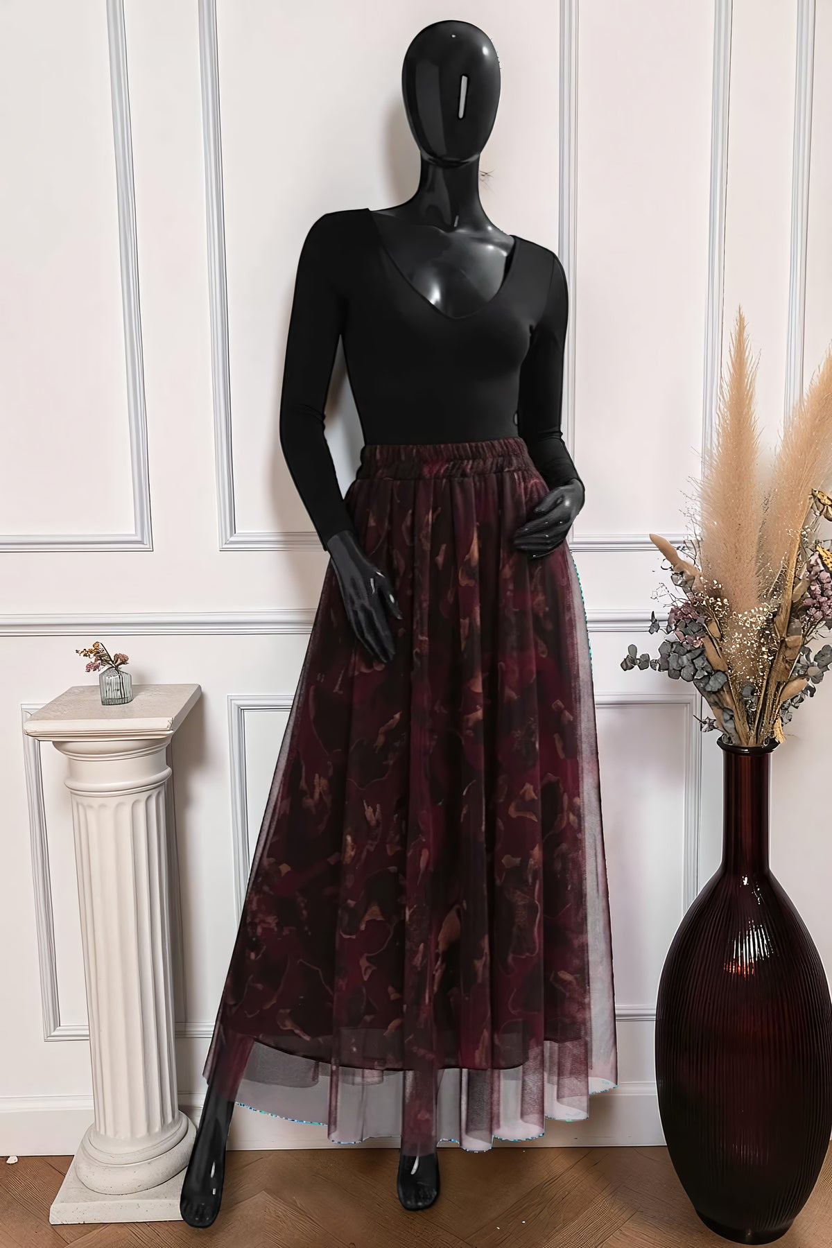 Jupe en Tulle Fluide Doublée Bordeaux Léopard – La Muse Parisienne – vue 1