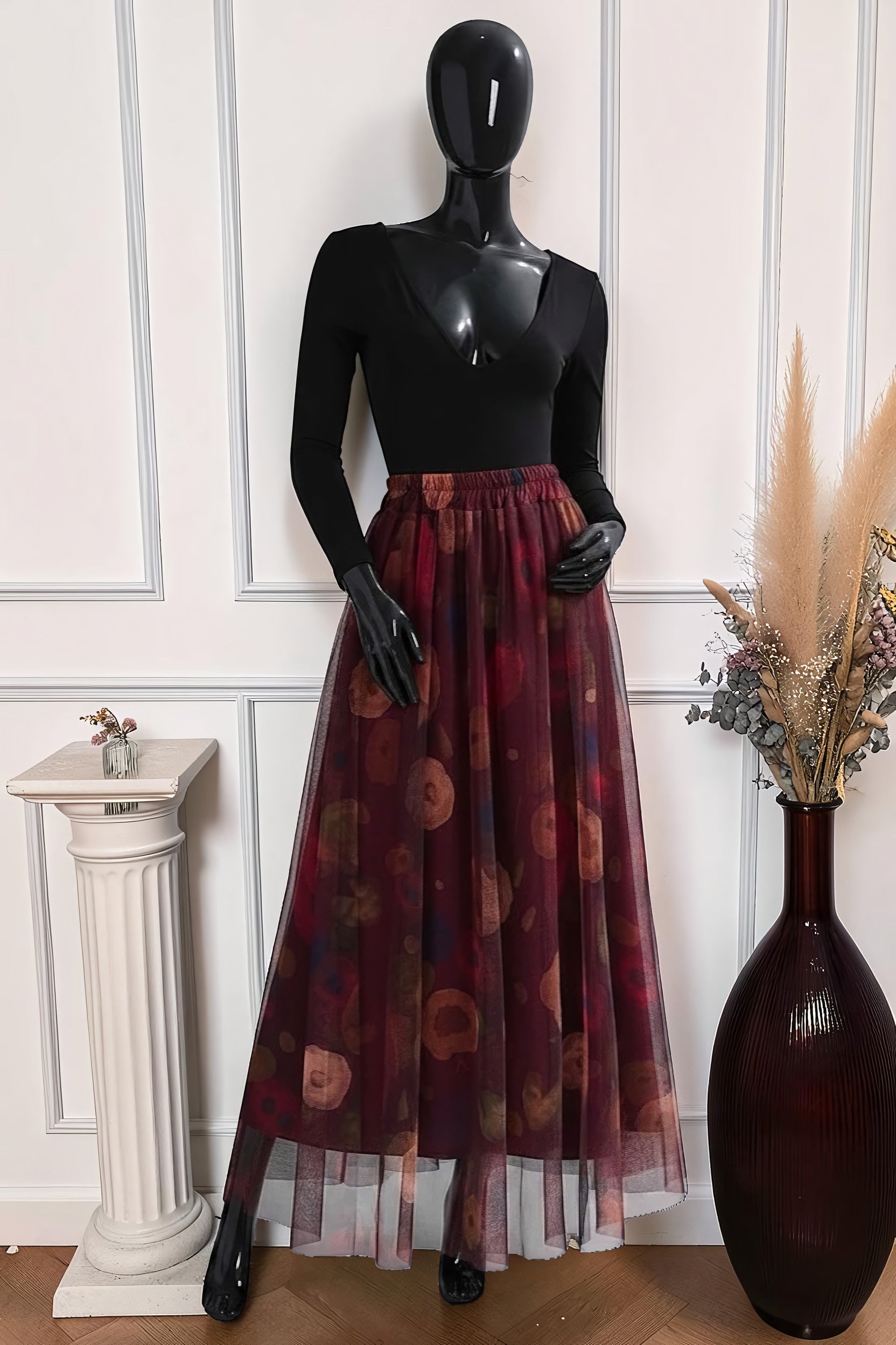 Jupe en Tulle Fluide Doublée Bordeaux Pavot – La Muse Parisienne – vue 1