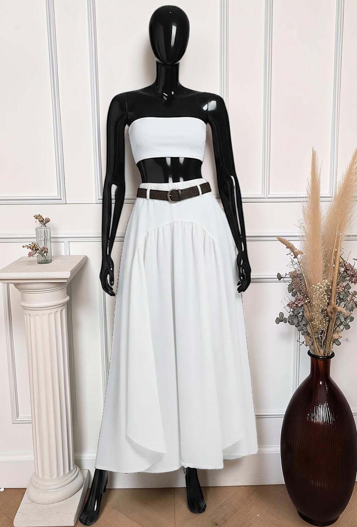 Jupe Fluide en Viscose Lyocell avec Ceinture Blanc – La Muse Parisienne – vue 1