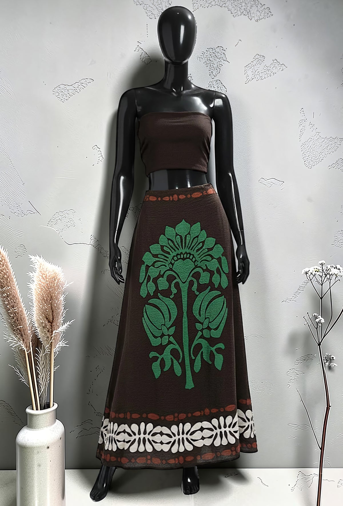 Jupe Bohème Imprimée en Viscose Marron Foncé – La Muse Parisienne – vue 1