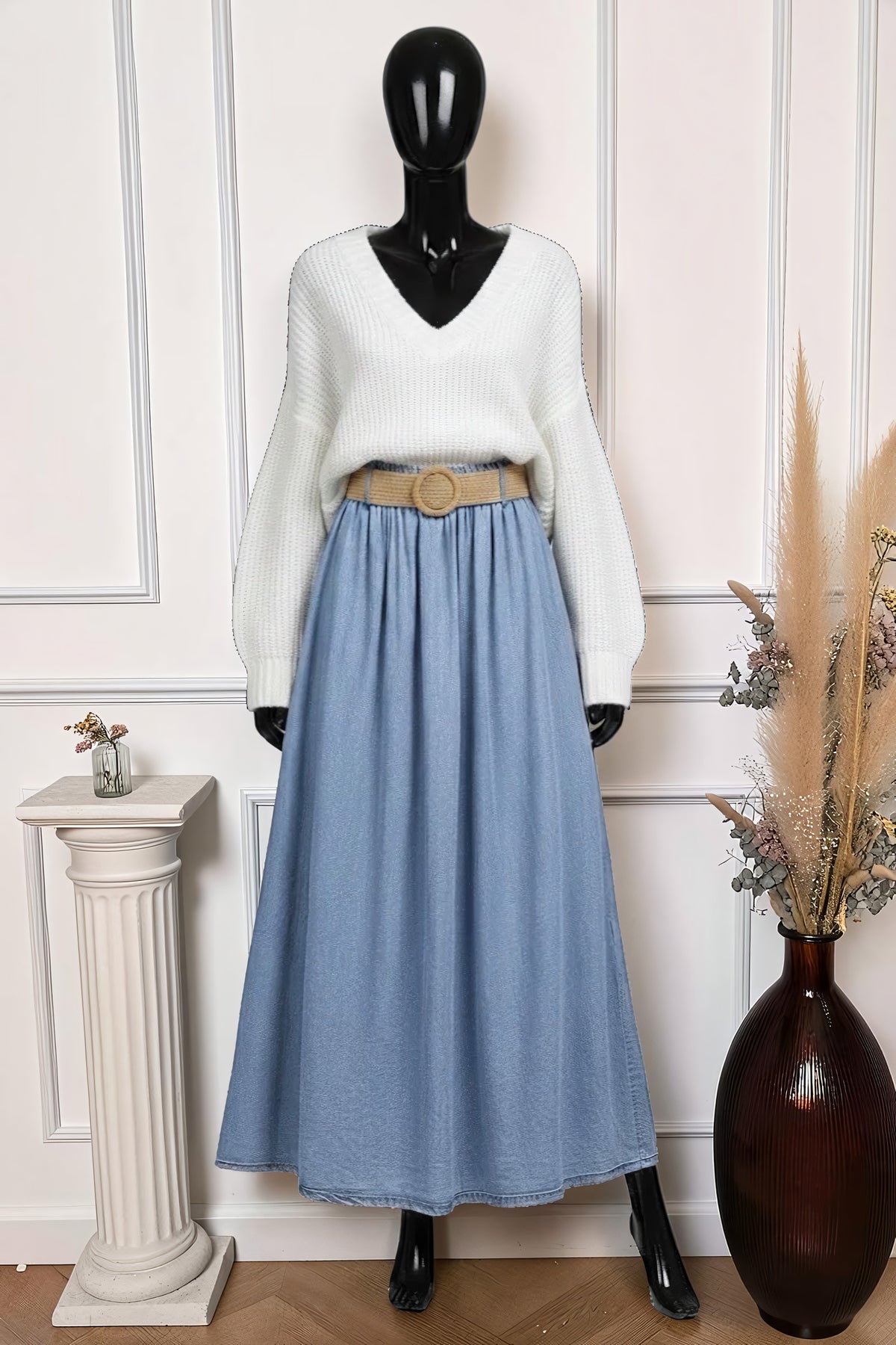 Jupe Fluide en Jean Lyocell avec Ceinture Bleu Ciel – La Muse Parisienne – vue 1