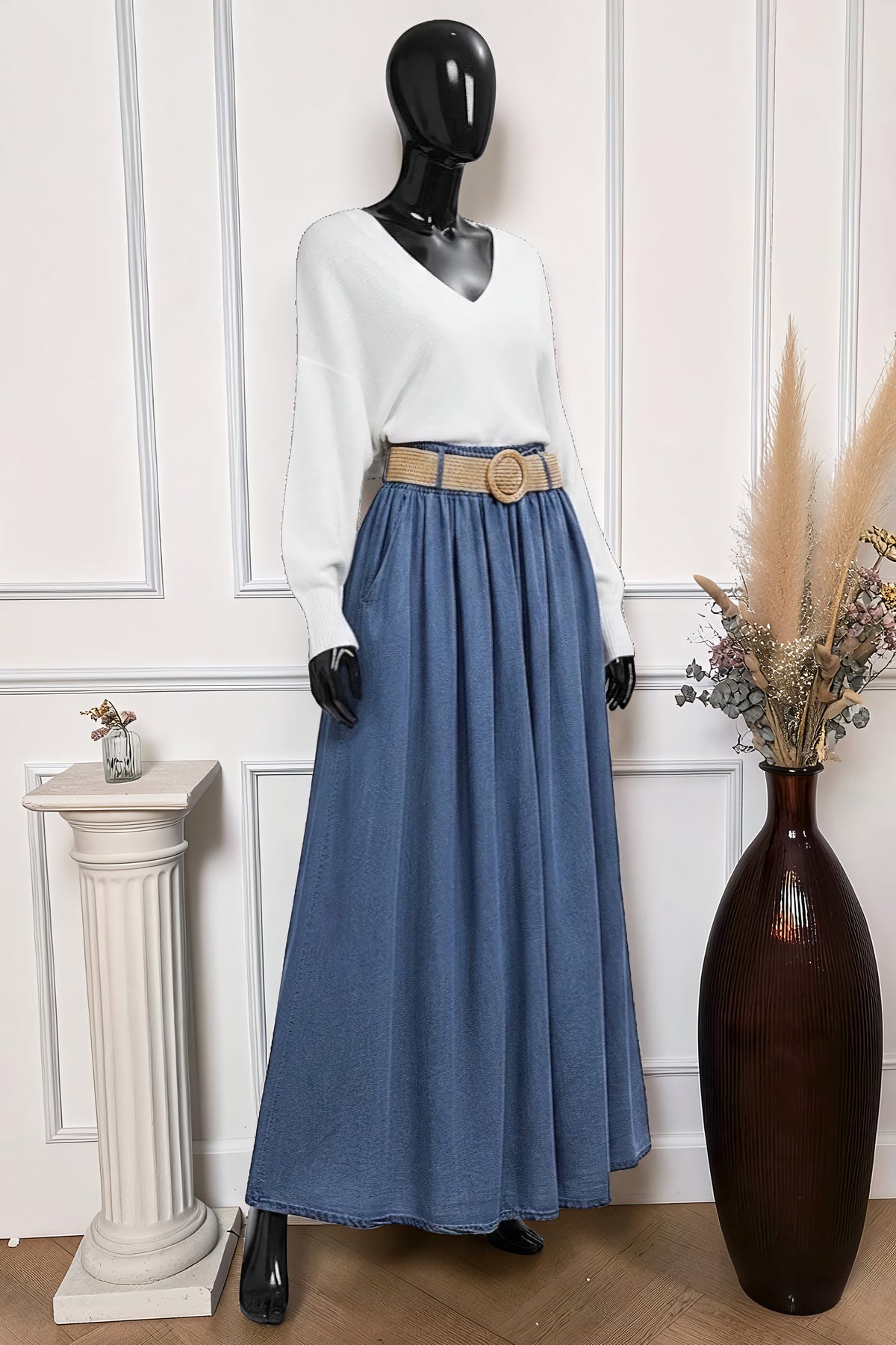 Jupe Fluide en Jean Lyocell avec Ceinture Denim – La Muse Parisienne – vue 1
