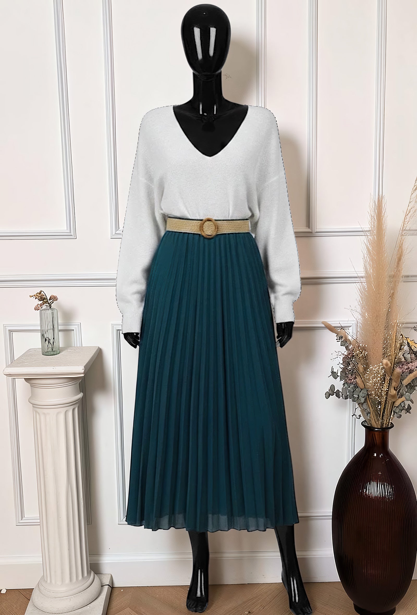 Jupe Plissée Fluide Doublée avec Ceinture Bleu Pétrole – La Muse Parisienne – vue 1