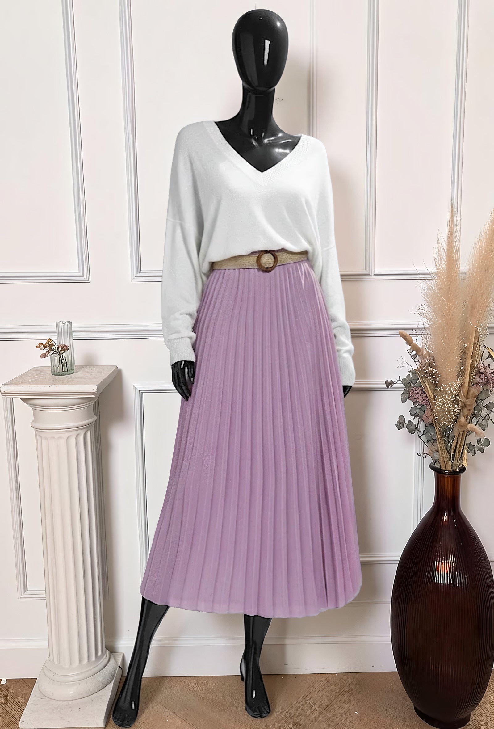 Jupe Plissée Fluide Doublée avec Ceinture Lilas – La Muse Parisienne – vue 1