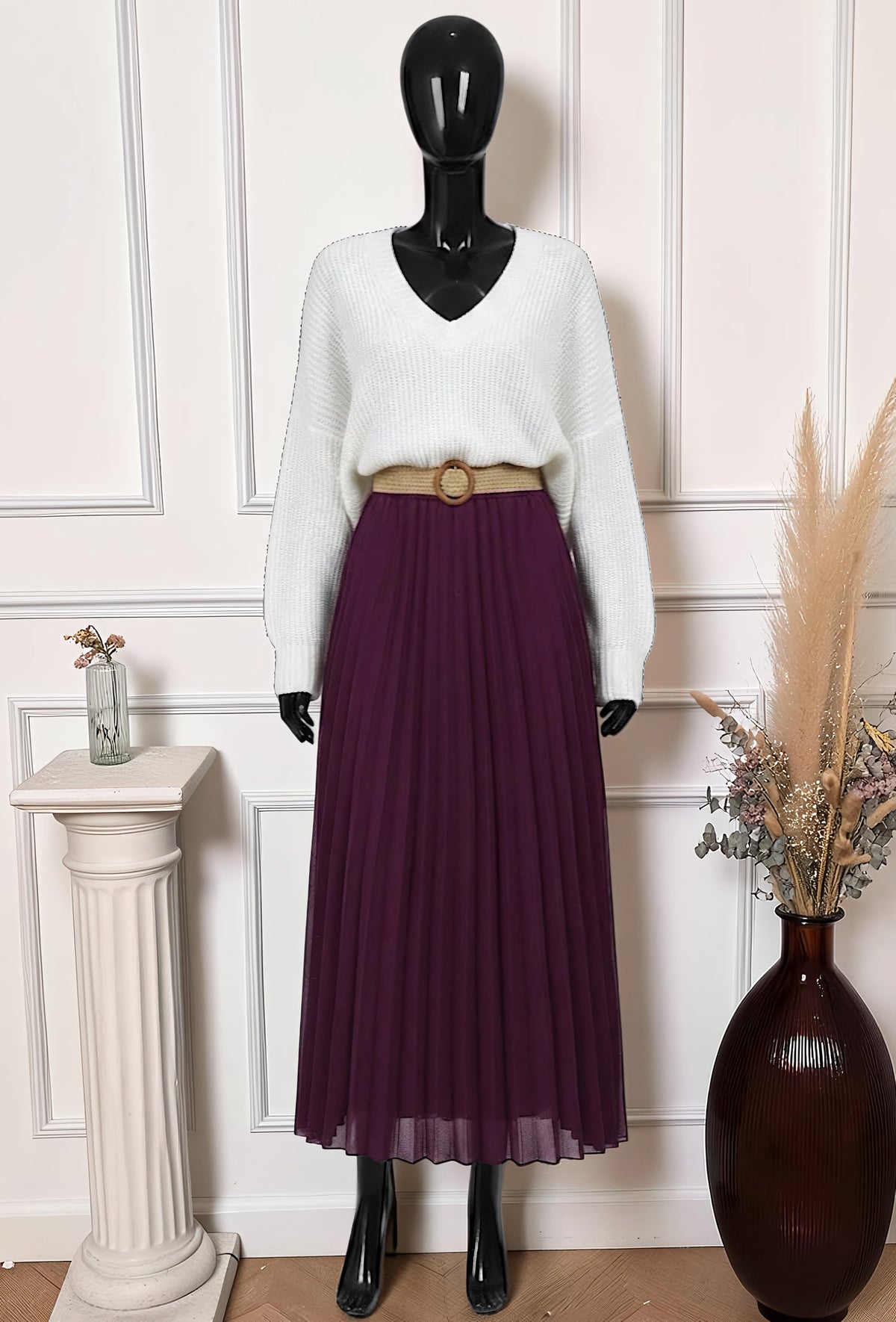 Jupe Plissée Fluide Doublée avec Ceinture Mauve – La Muse Parisienne – vue 1