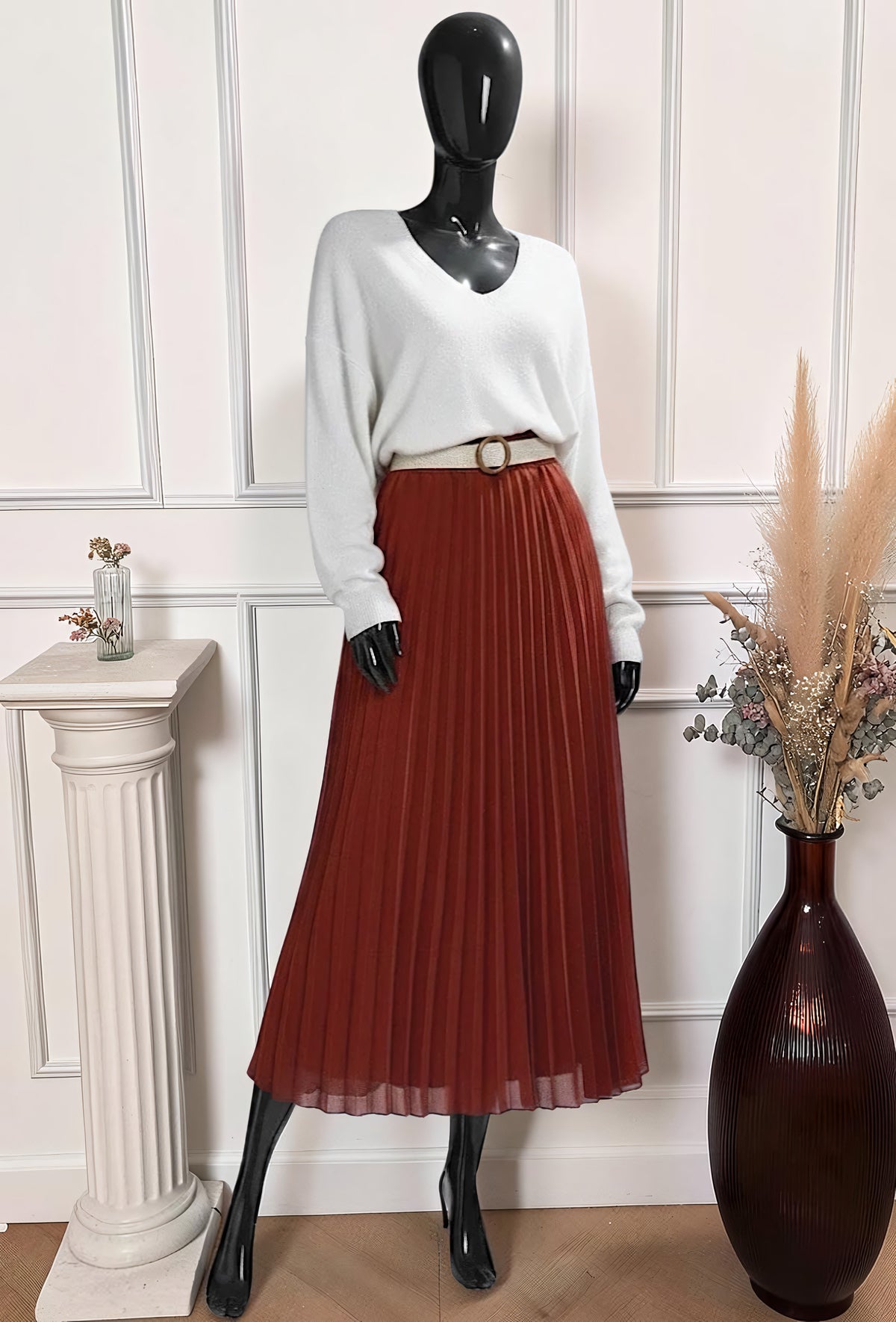 Jupe Plissée Fluide Doublée avec Ceinture Terracotta – La Muse Parisienne – vue 2