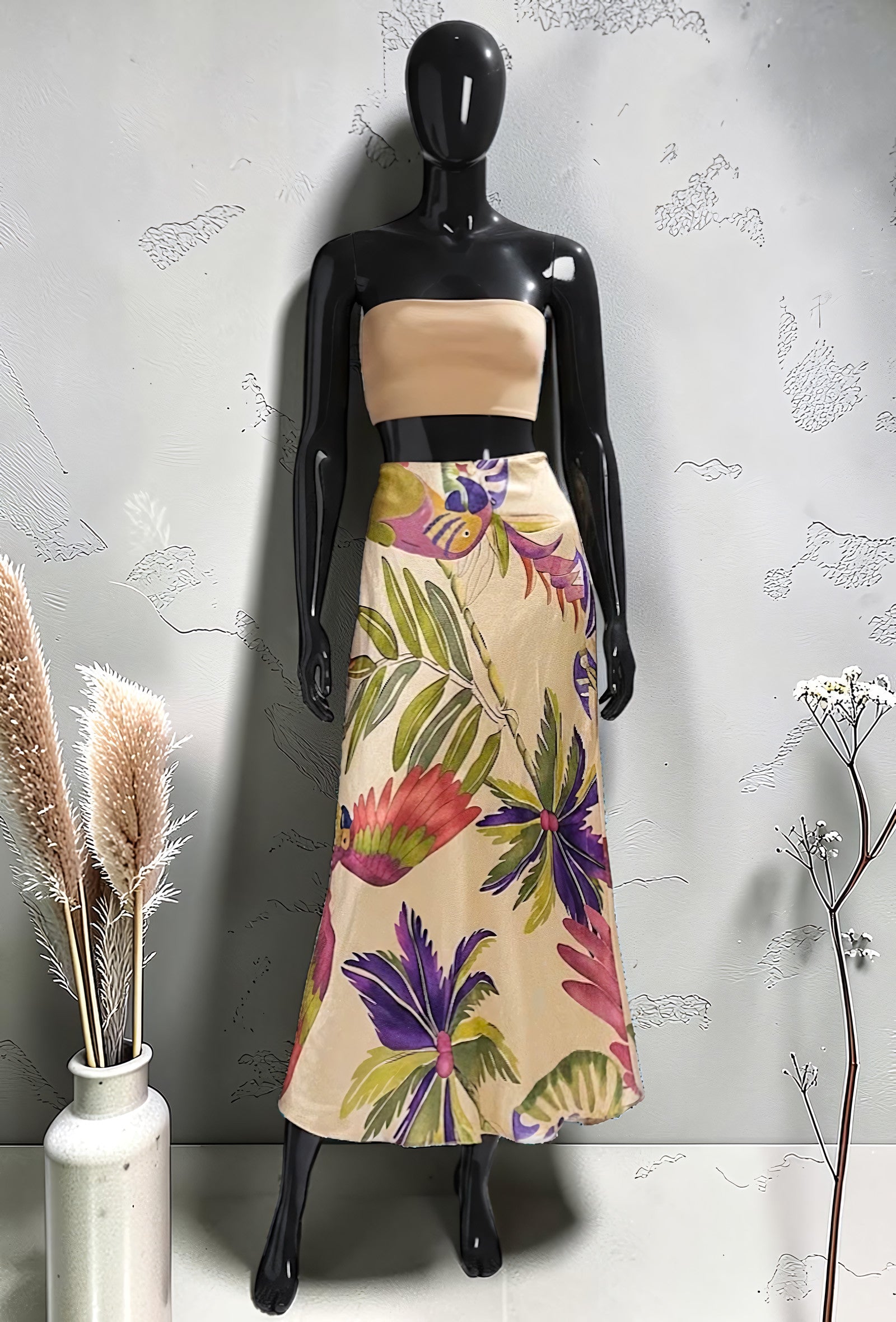 Jupe Imprimée en Viscose Satinée Bordure Dentelle Caramel – La Muse Parisienne – vue 1