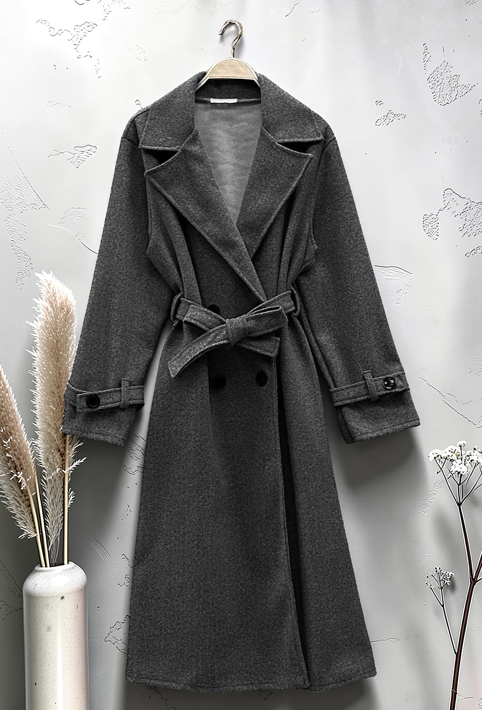 Manteau Long en Drap de Laine Ceinturé Anthracite
