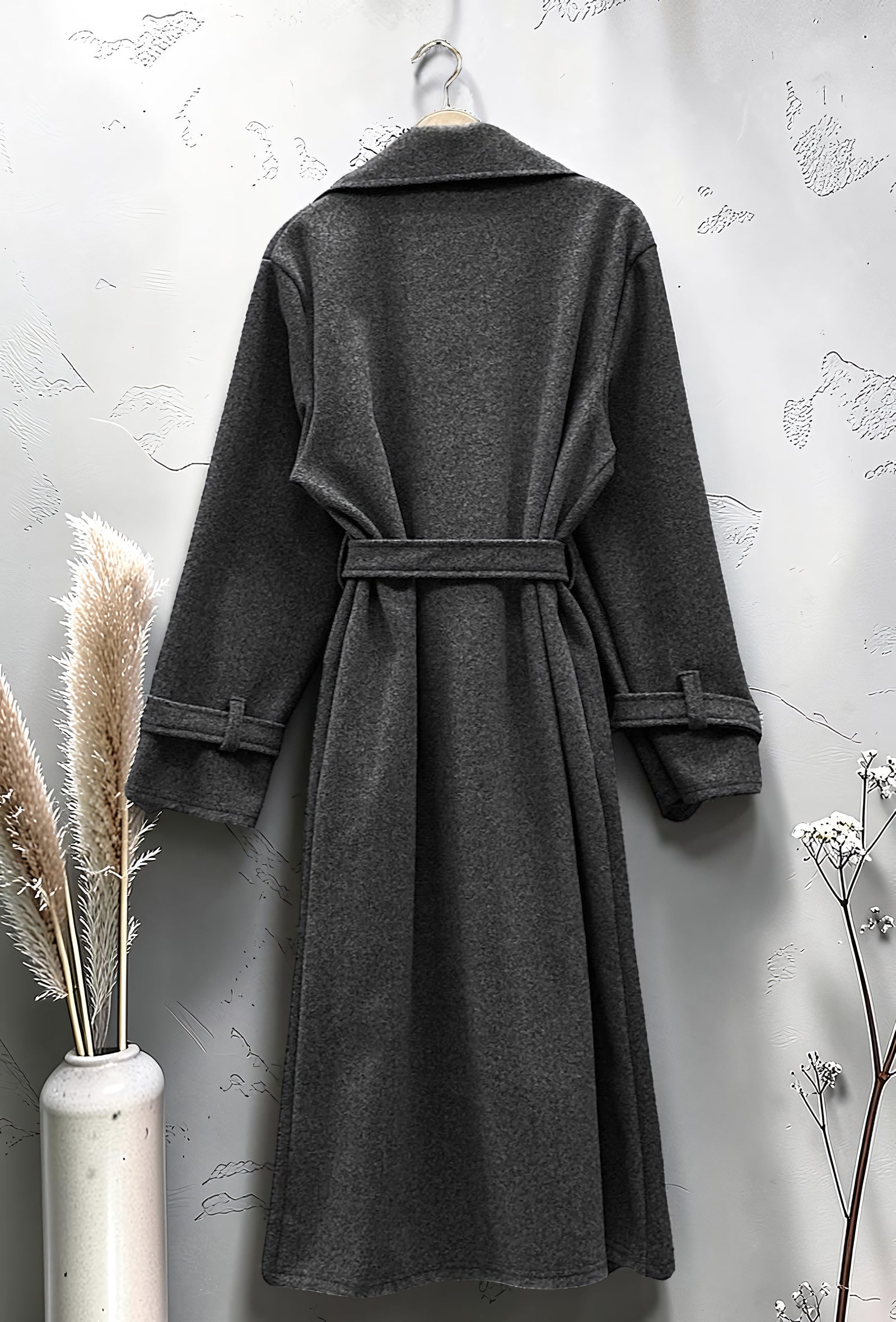 Manteau Long en Drap de Laine Ceinturé Anthracite