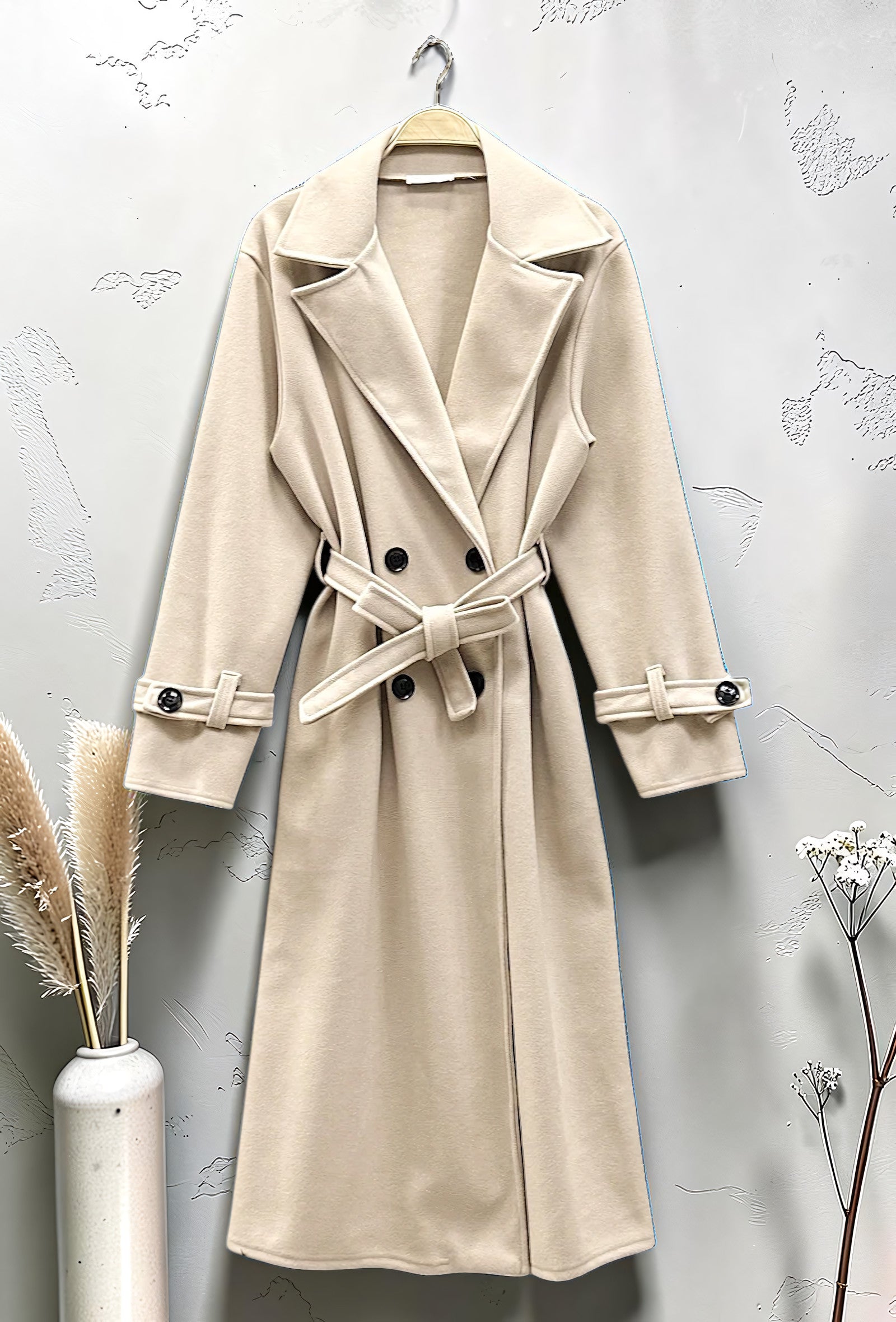 Manteau Long en Drap de Laine Ceinturé Beige