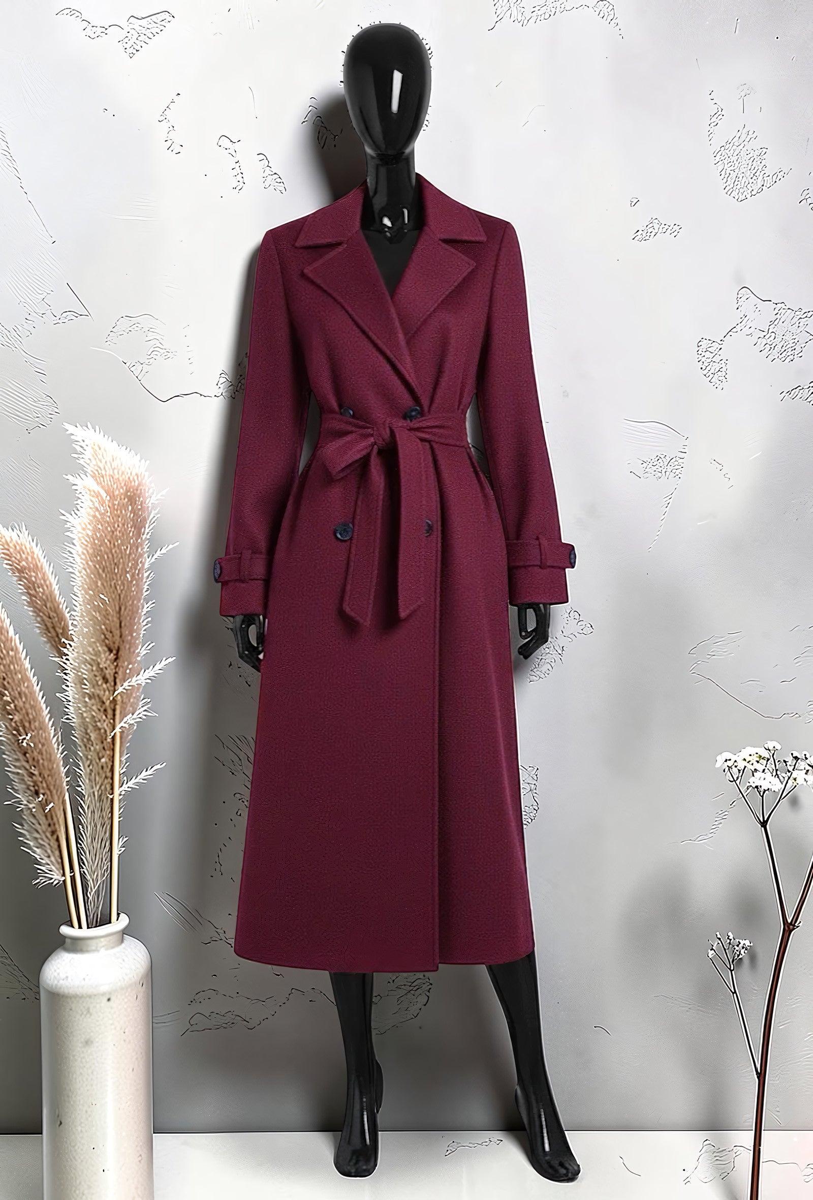 Manteau Long en Drap de Laine Ceinturé Bordeaux