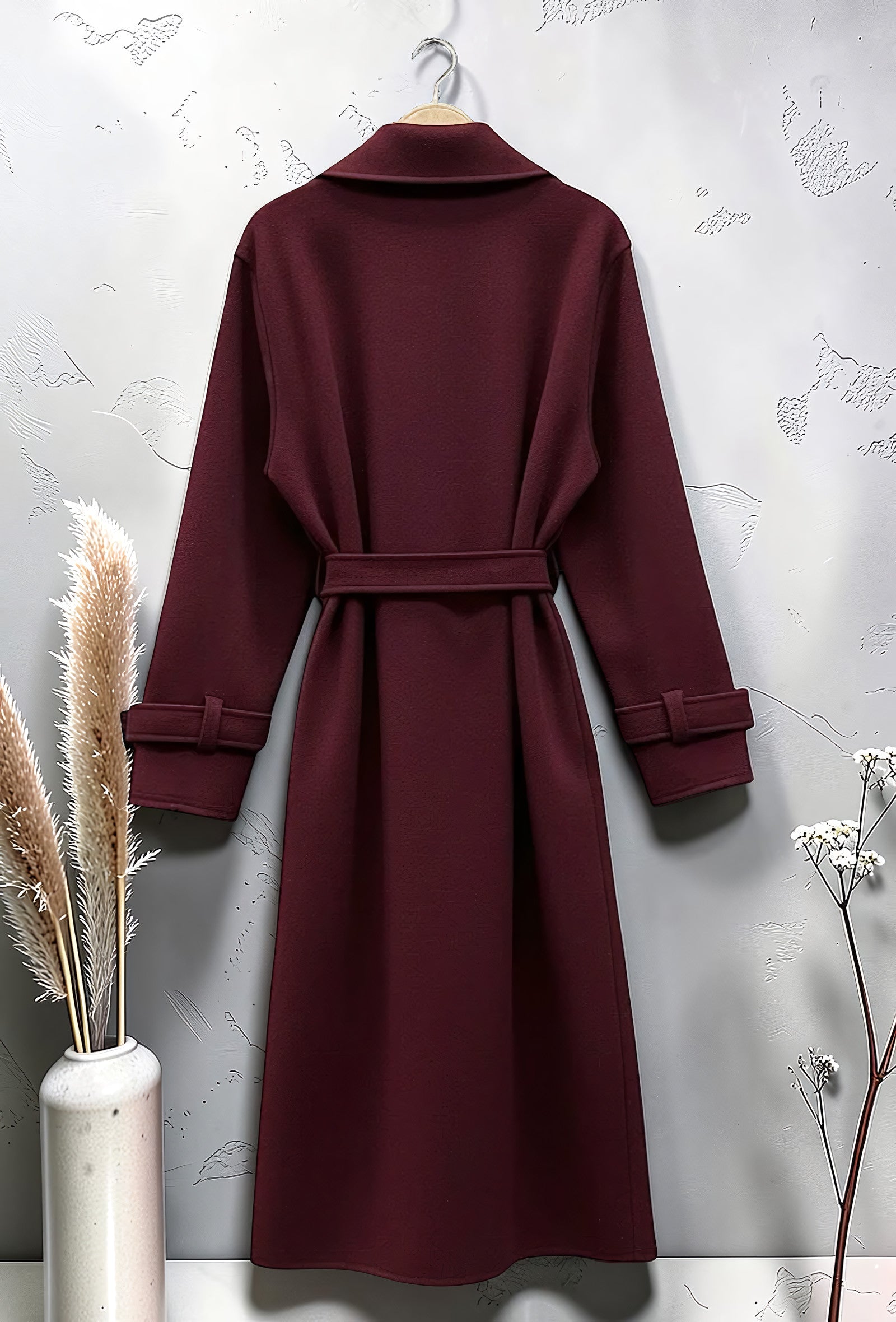 Manteau Long en Drap de Laine Ceinturé Bordeaux