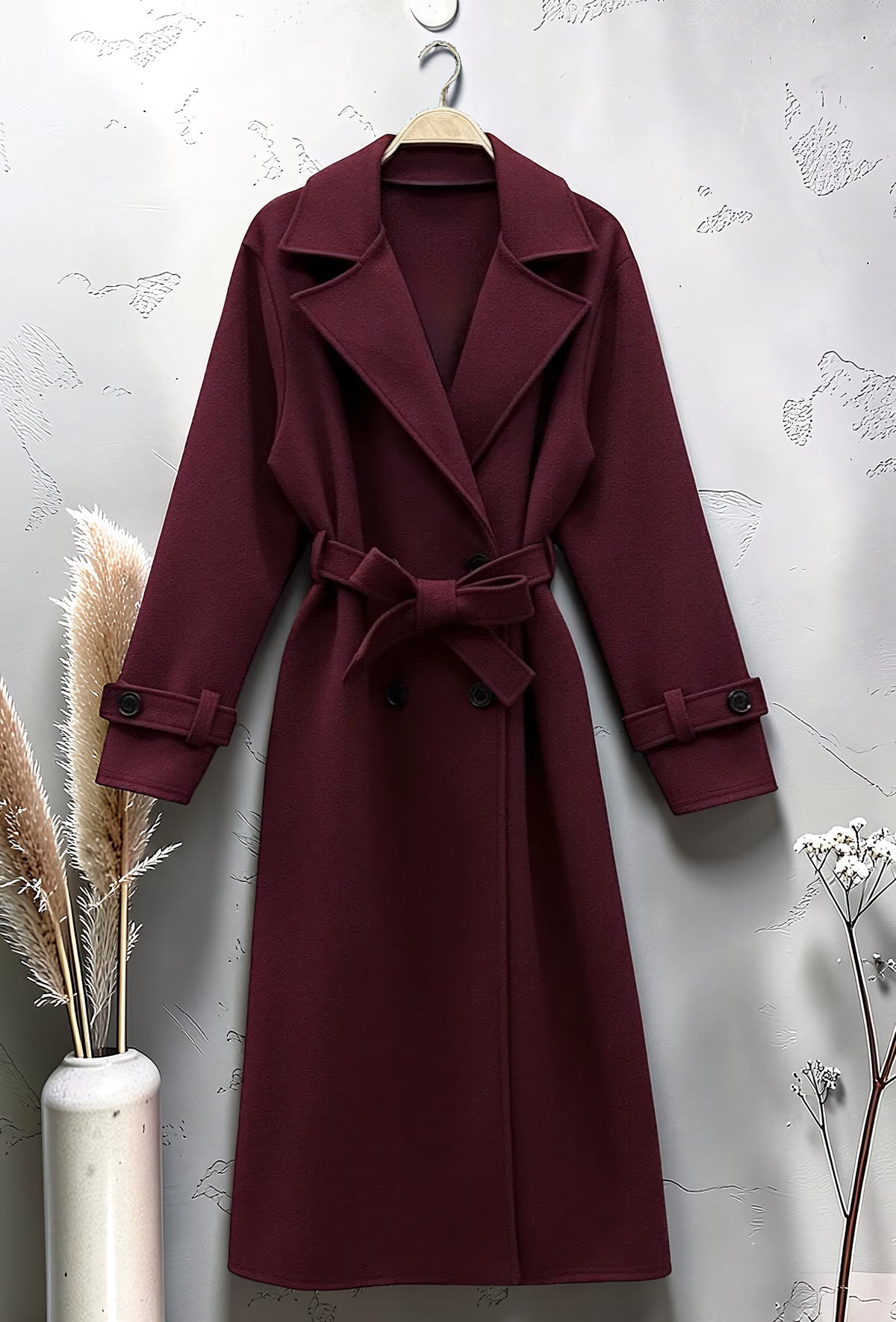 Manteau Long en Drap de Laine Ceinturé Bordeaux