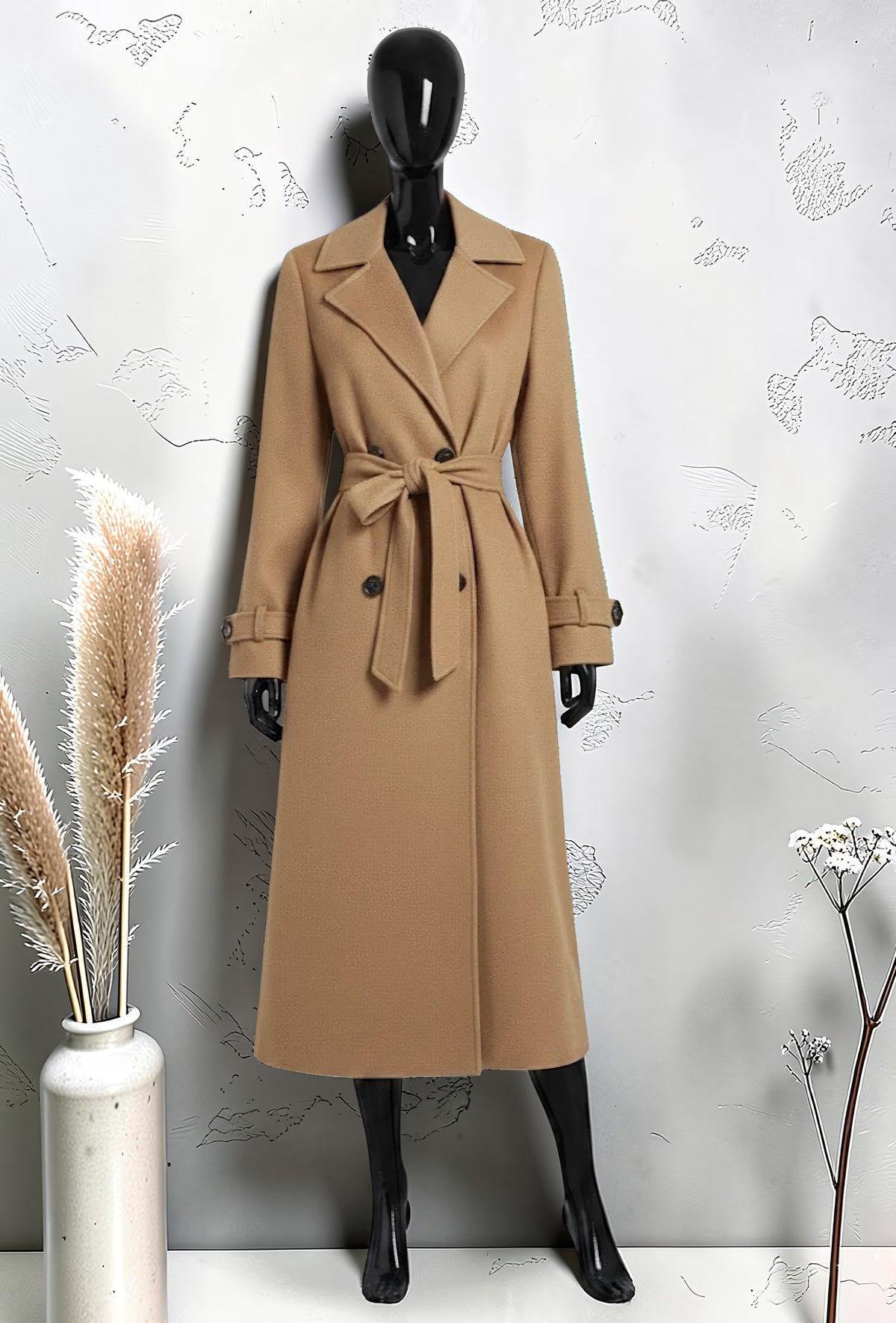 Manteau Long en Drap de Laine Ceinturé Caramel
