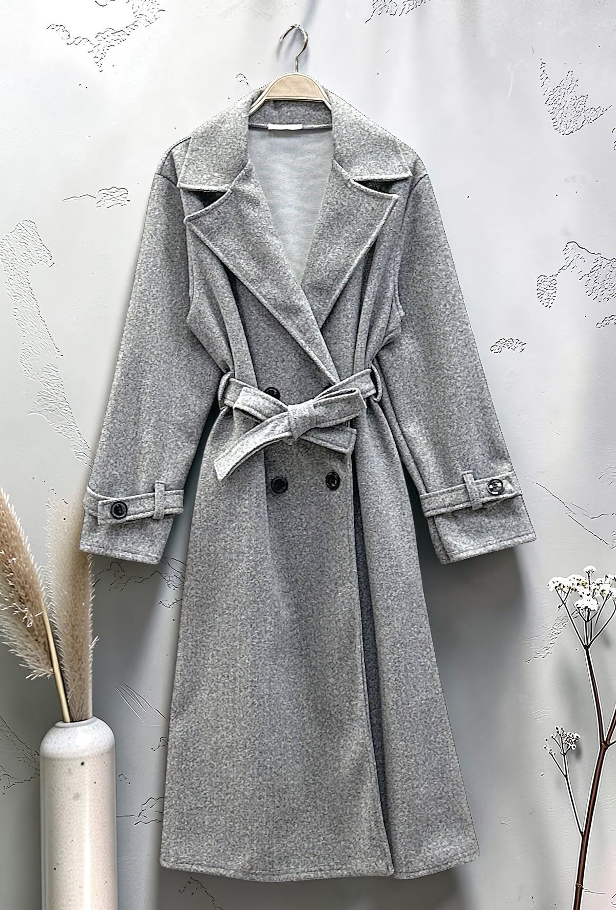 Manteau Long en Drap de Laine Ceinturé Gris