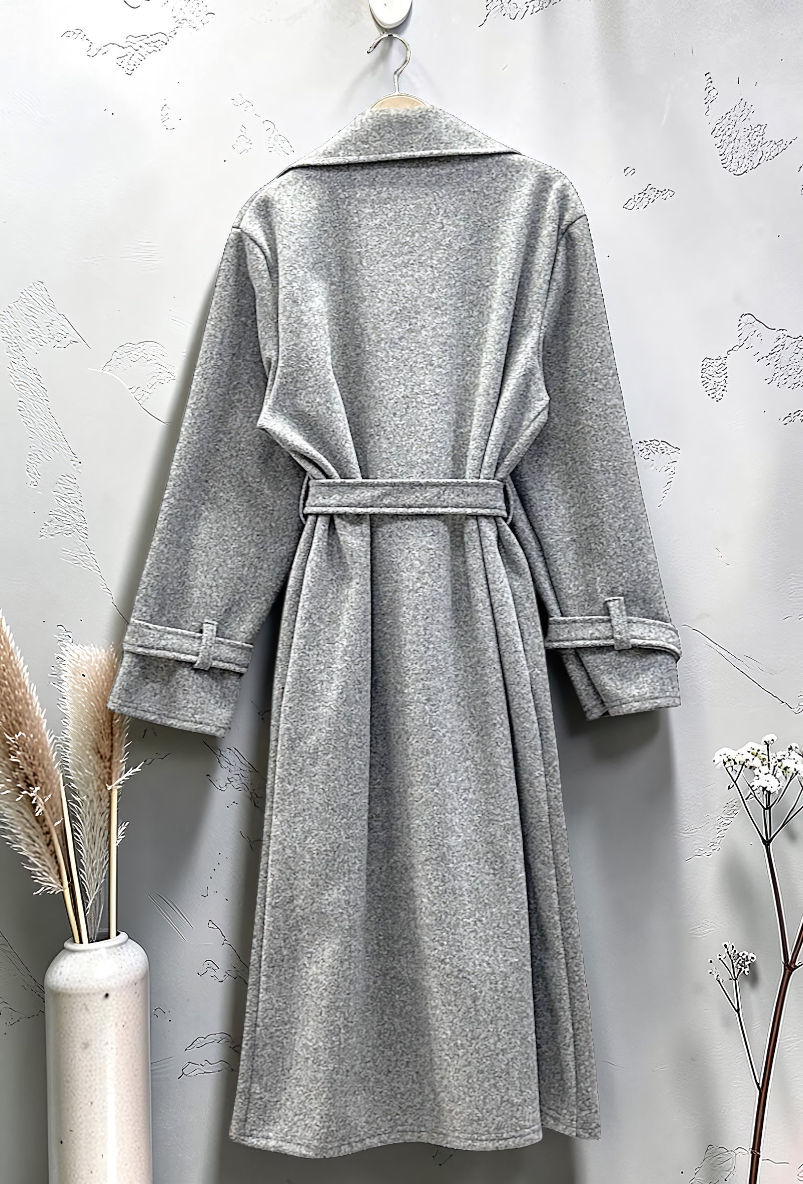 Manteau Long en Drap de Laine Ceinturé Gris
