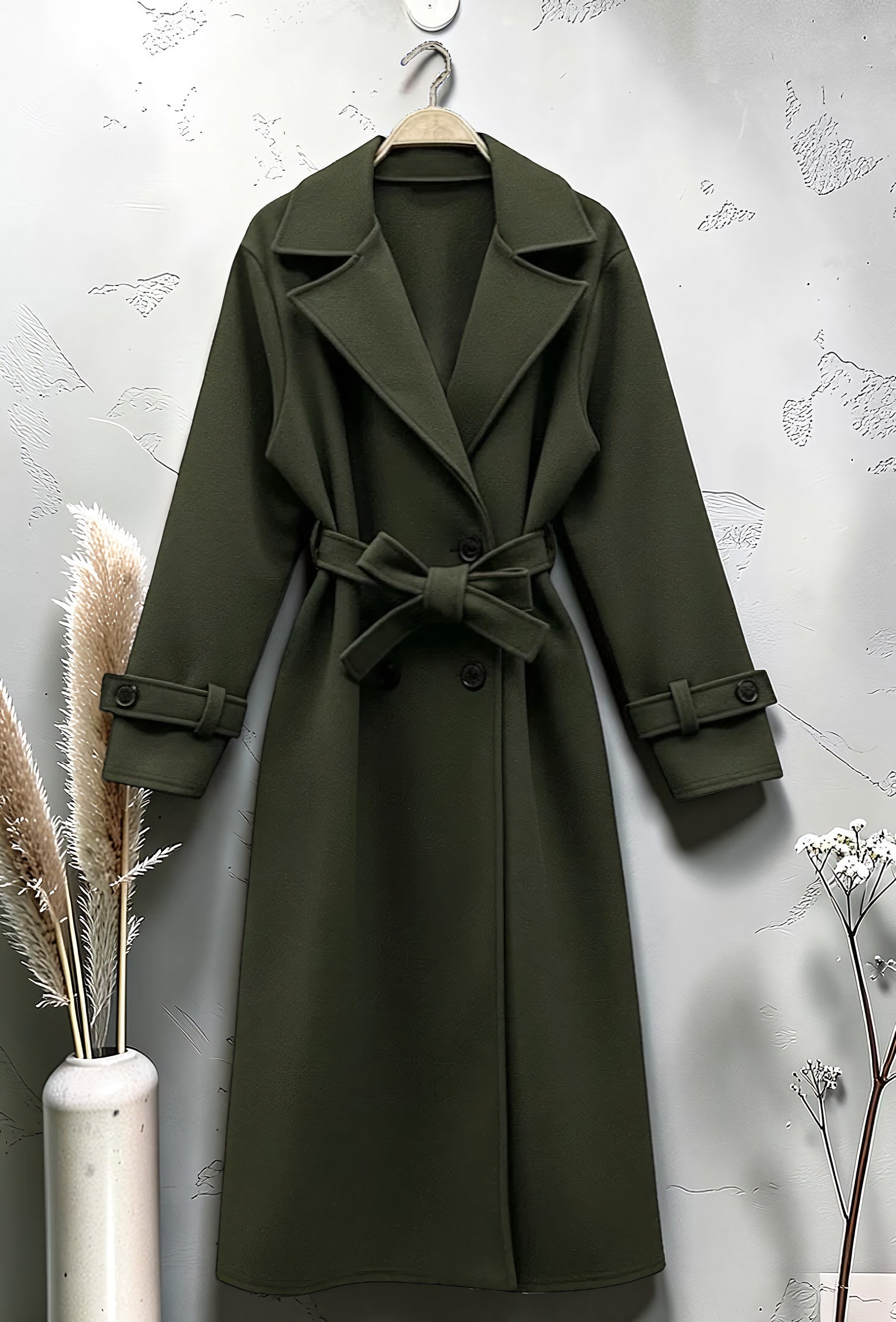 Manteau Long en Drap de Laine Ceinturé Kaki