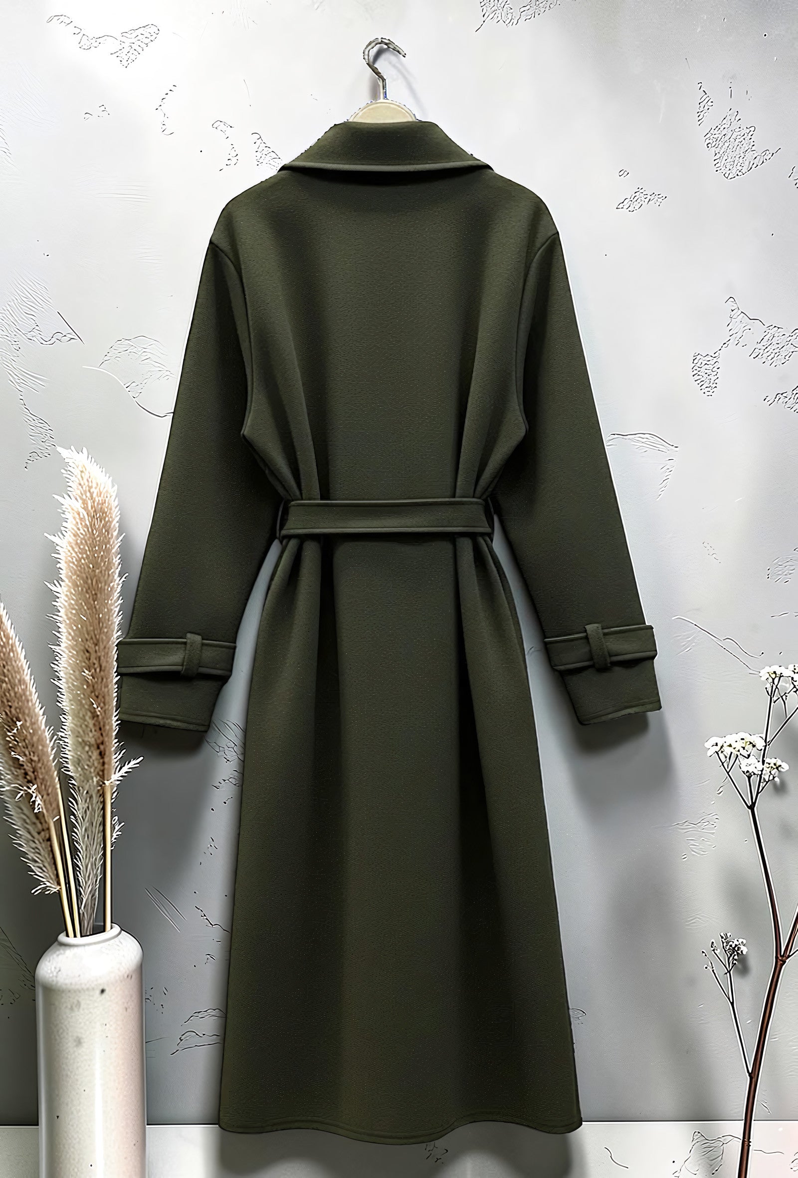 Manteau Long en Drap de Laine Ceinturé Kaki