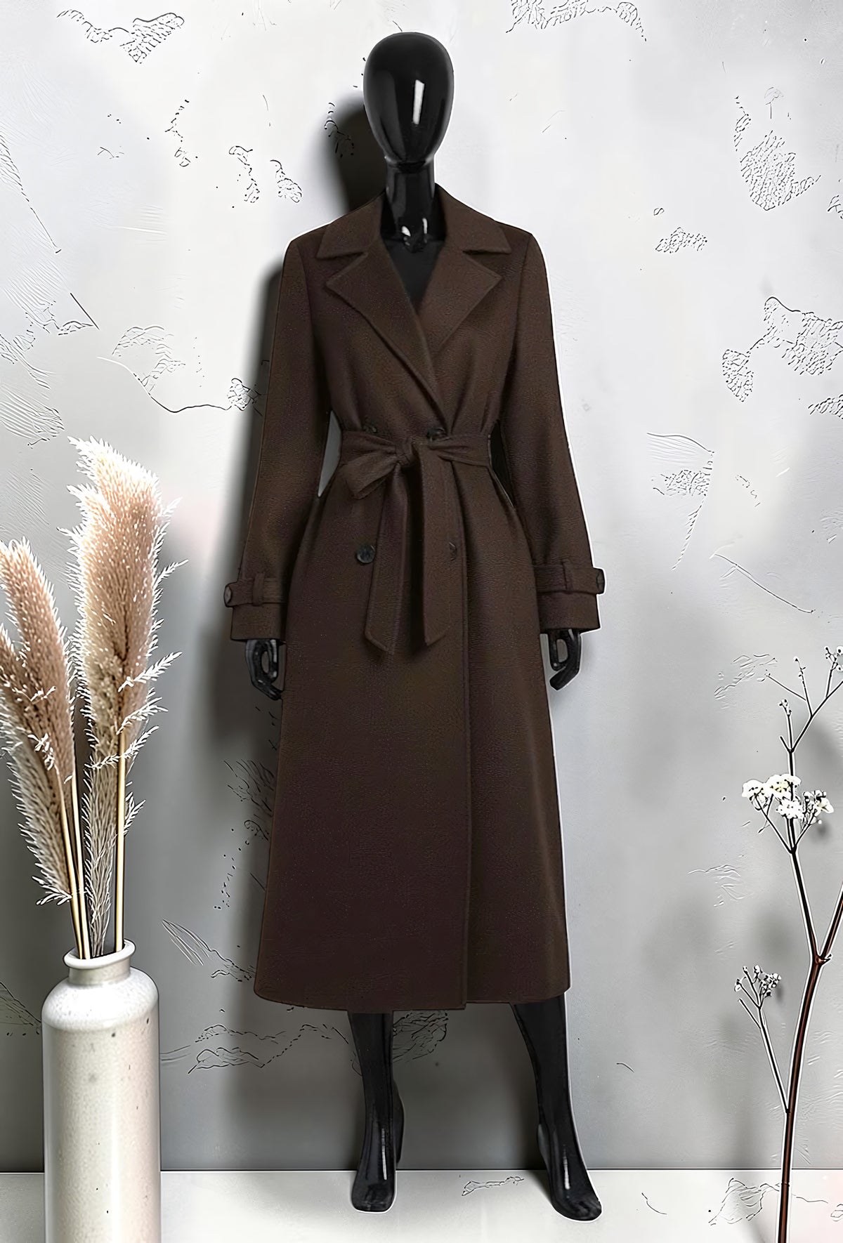 Manteau Long en Drap de Laine Ceinturé Marron Foncé