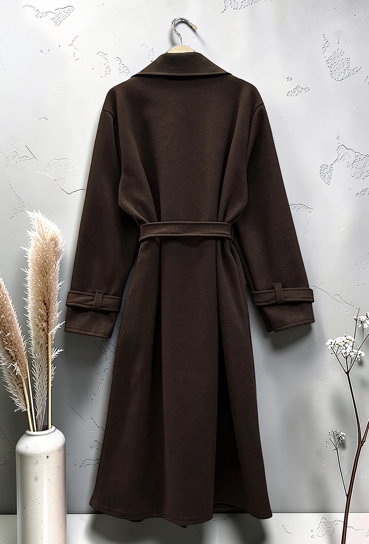 Manteau Long en Drap de Laine Ceinturé Marron Foncé