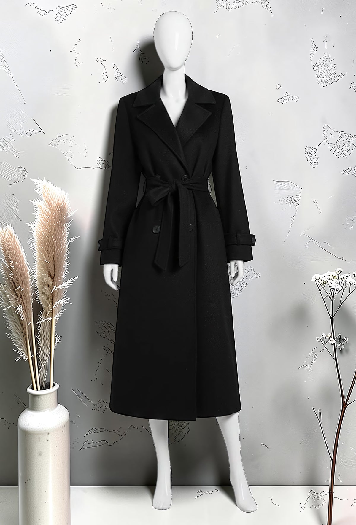 Manteau Long en Drap de Laine Ceinturé Noir