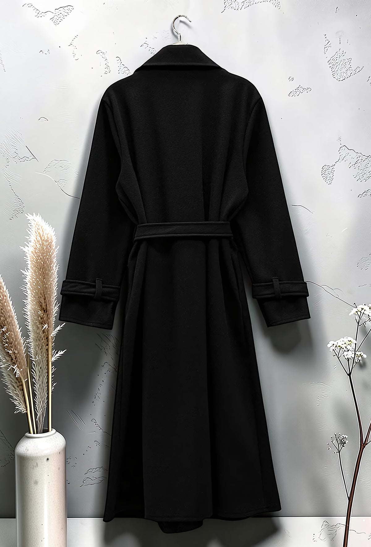 Manteau Long en Drap de Laine Ceinturé Noir
