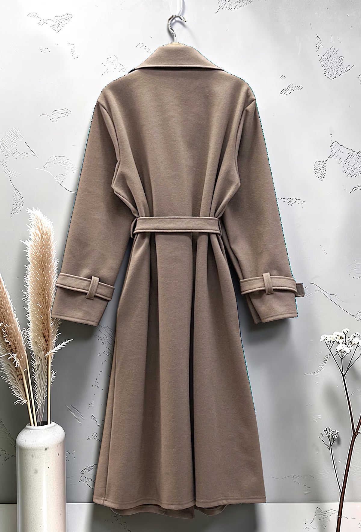 Manteau Long en Drap de Laine Ceinturé Taupe