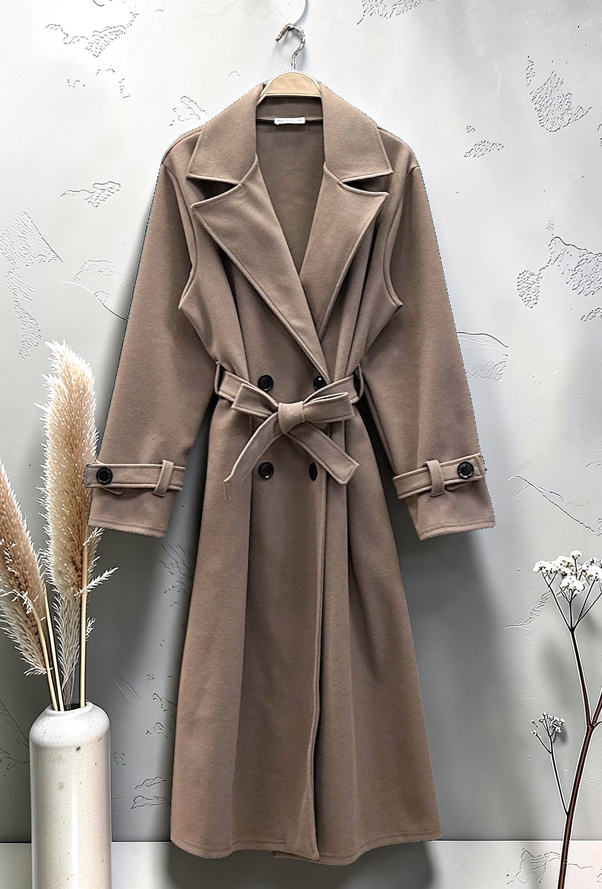 Manteau Long en Drap de Laine Ceinturé Taupe