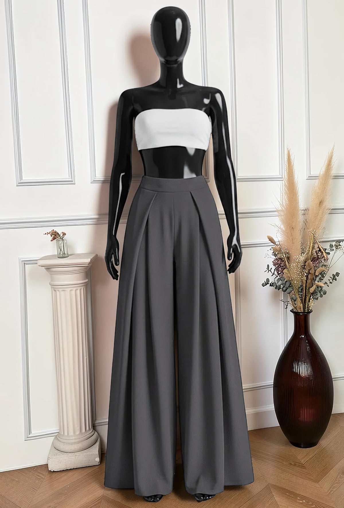 Pantalon Merveilleuse Palazzo Fluide Anthracite — Taille Haute Élastique – La Muse Parisienne – vue 1