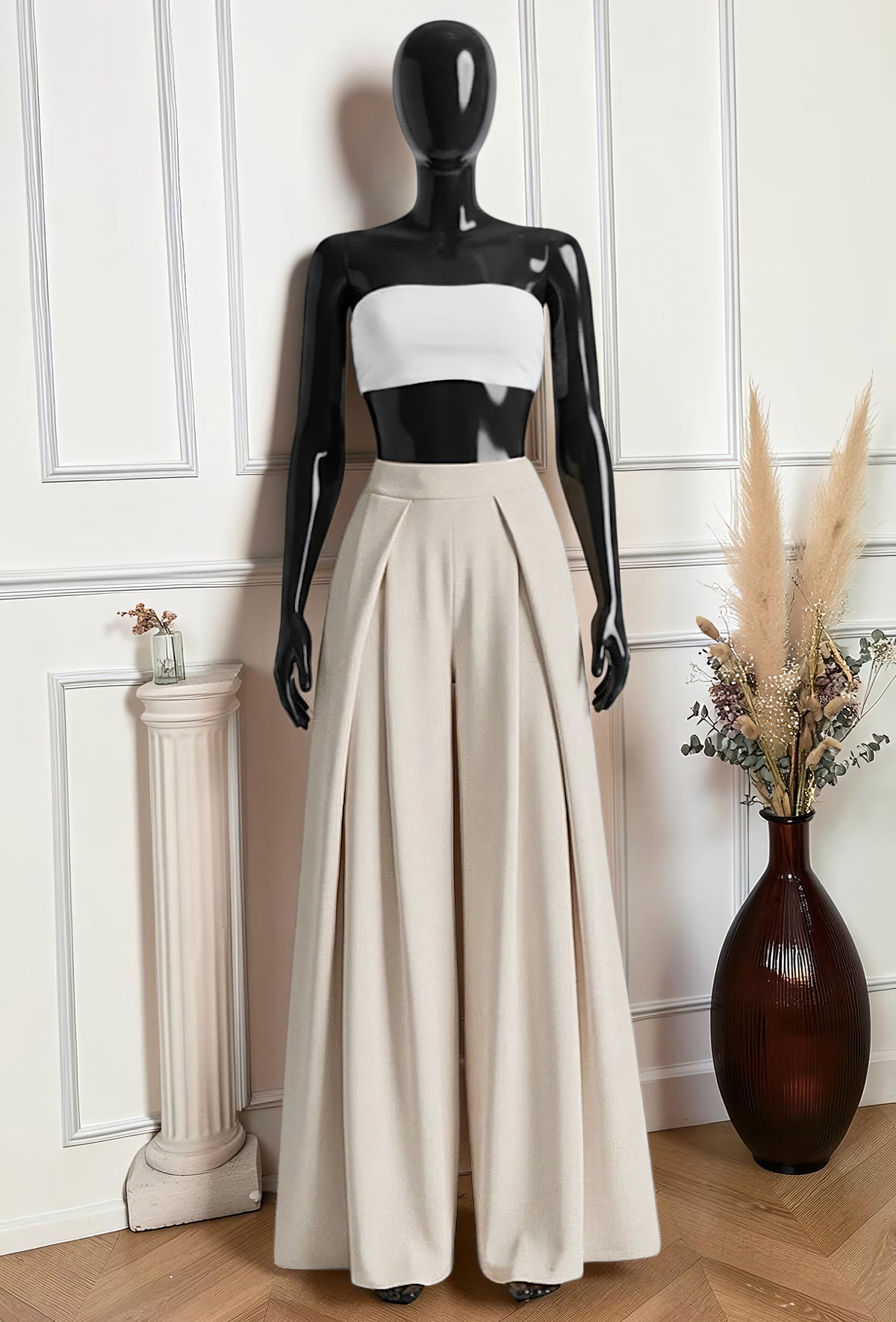 Pantalon Merveilleuse Palazzo Fluide Beige — Taille Haute Élastique – La Muse Parisienne