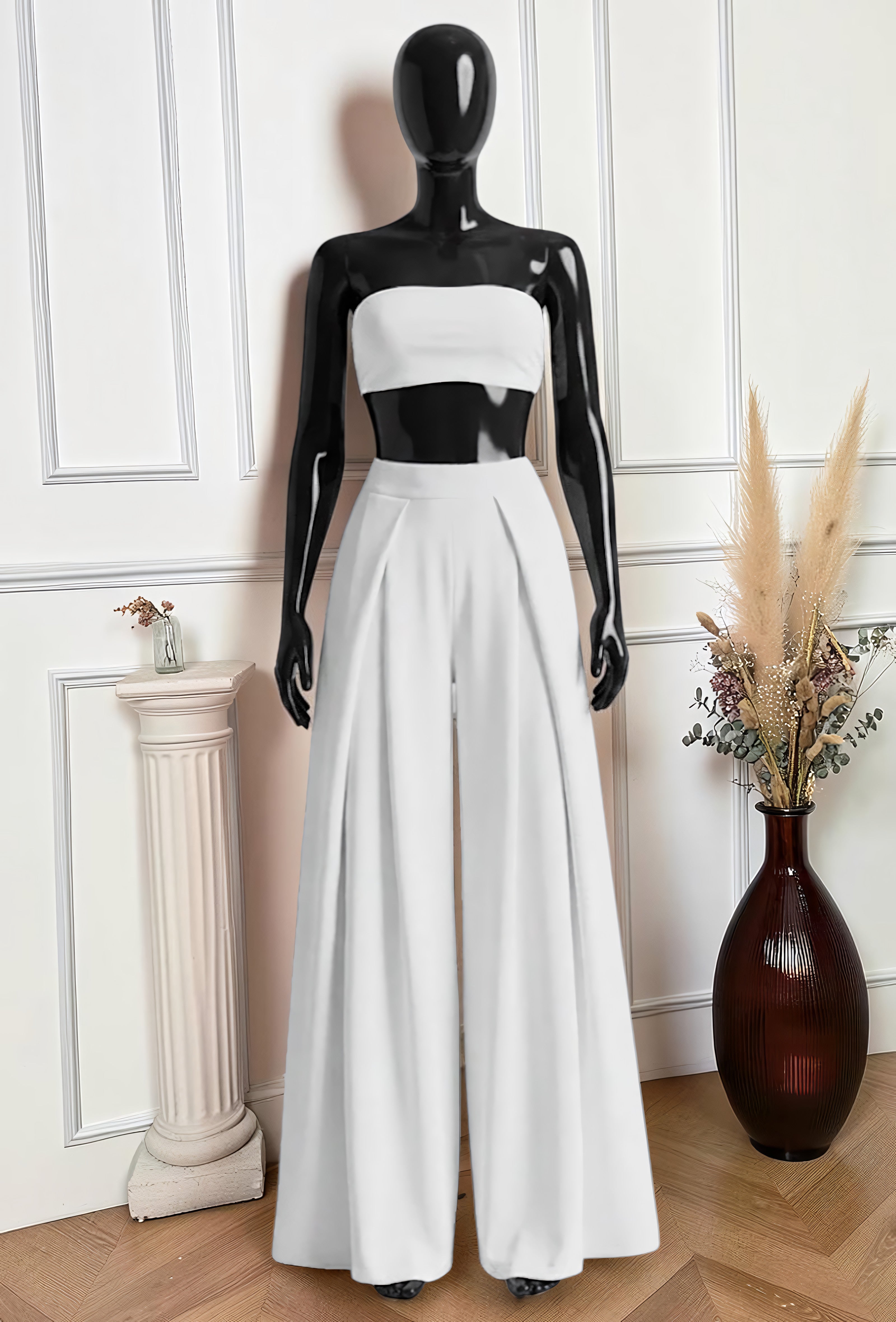 Pantalon Merveilleuse Palazzo Fluide Blanc — Taille Haute Élastique – La Muse Parisienne – vue 1