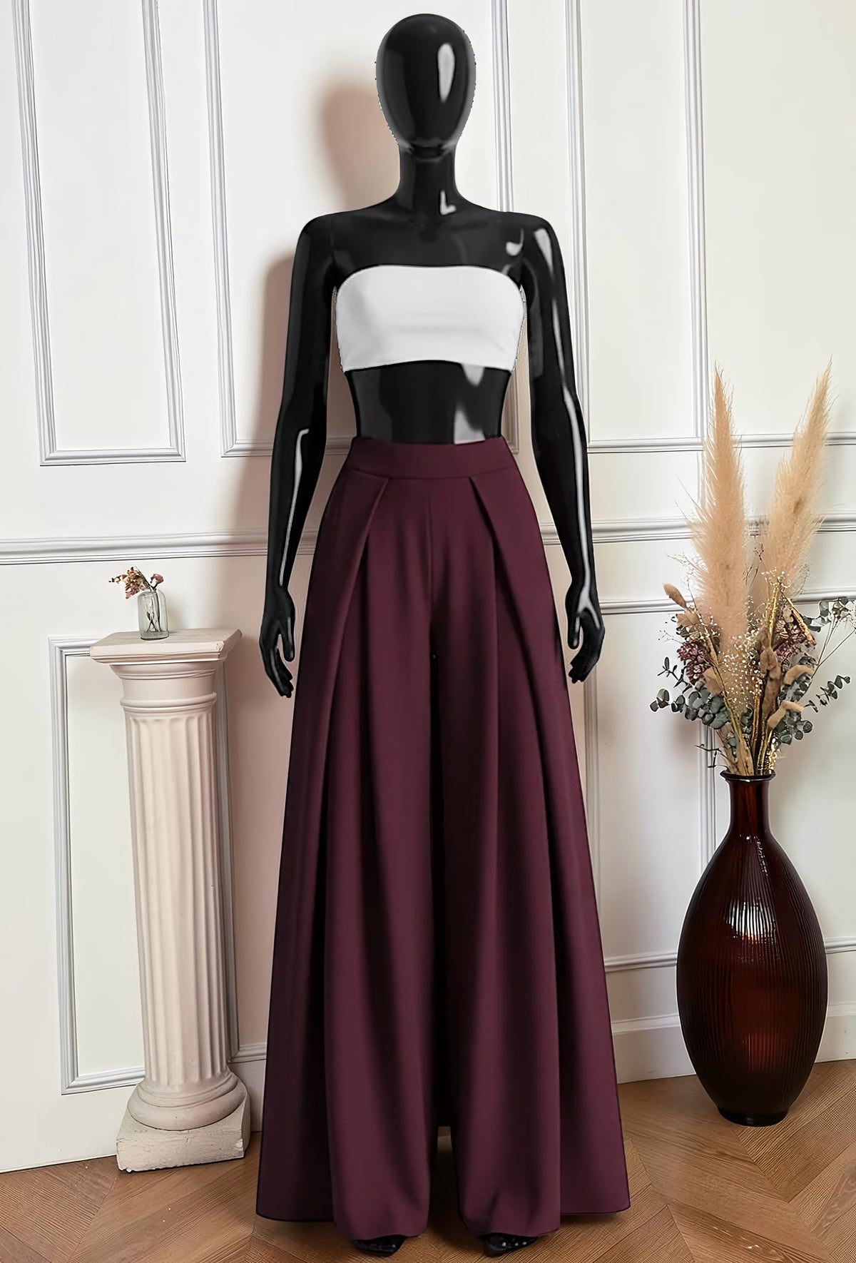 Pantalon Merveilleuse Palazzo Fluide Bordeaux — Taille Haute Élastique – La Muse Parisienne