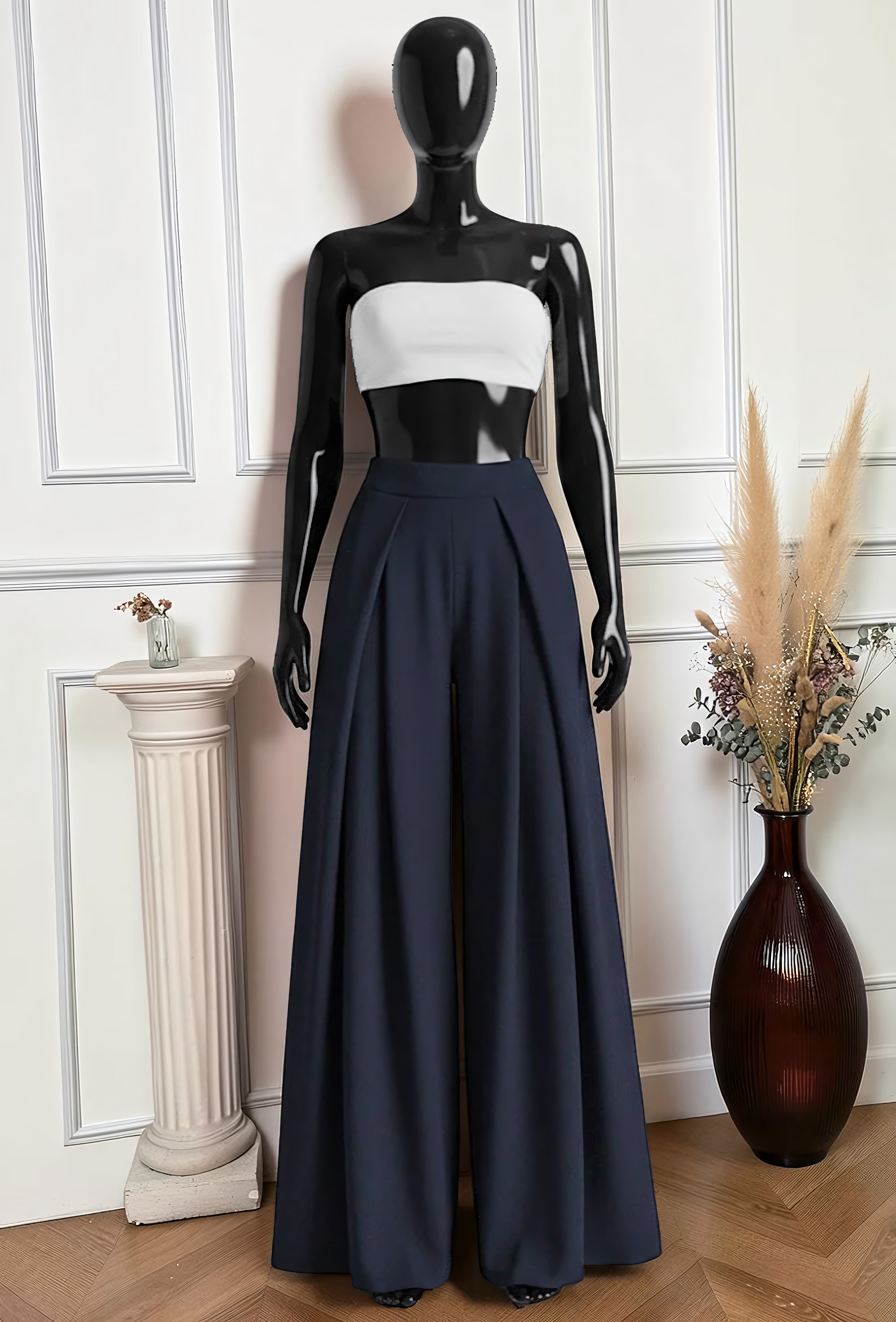 Pantalon Merveilleuse Palazzo Fluide Marine — Taille Haute Élastique – La Muse Parisienne – vue 1