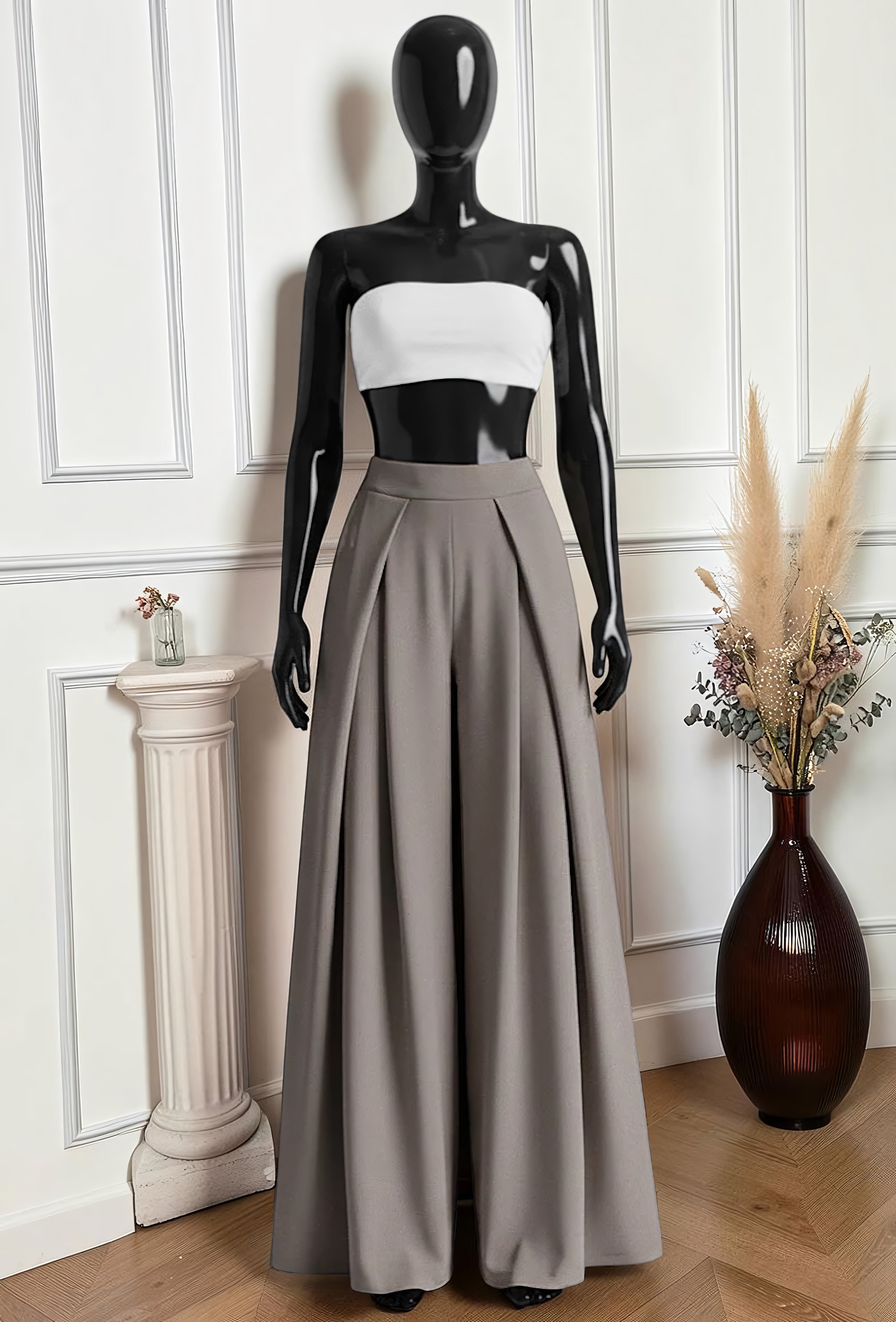 Pantalon Merveilleuse Palazzo Fluide Taupe — Taille Haute Élastique – La Muse Parisienne