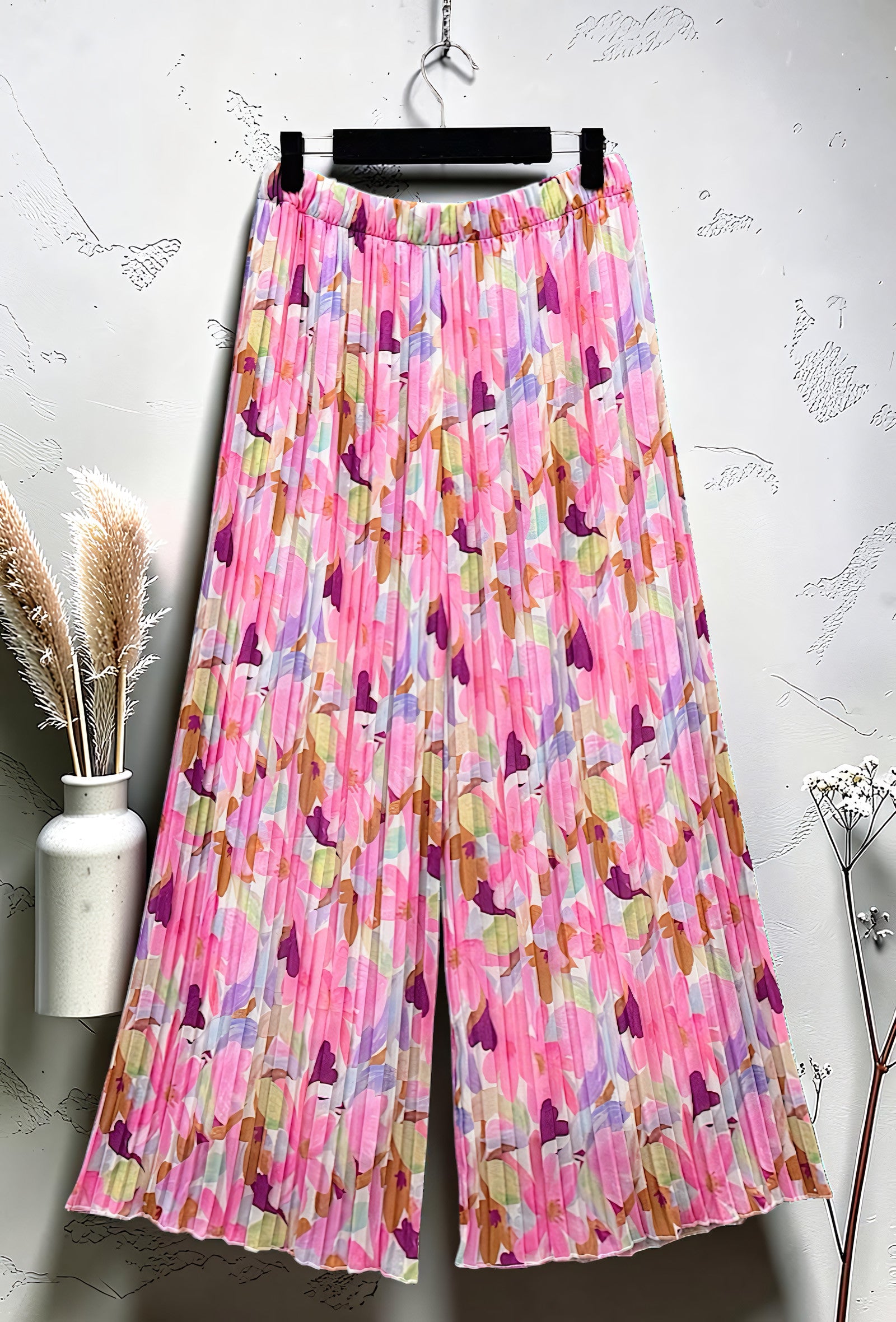 Pantalon Large Plissé Imprimé Doublé Fuchsia Aquarelle – La Muse Parisienne – vue 2