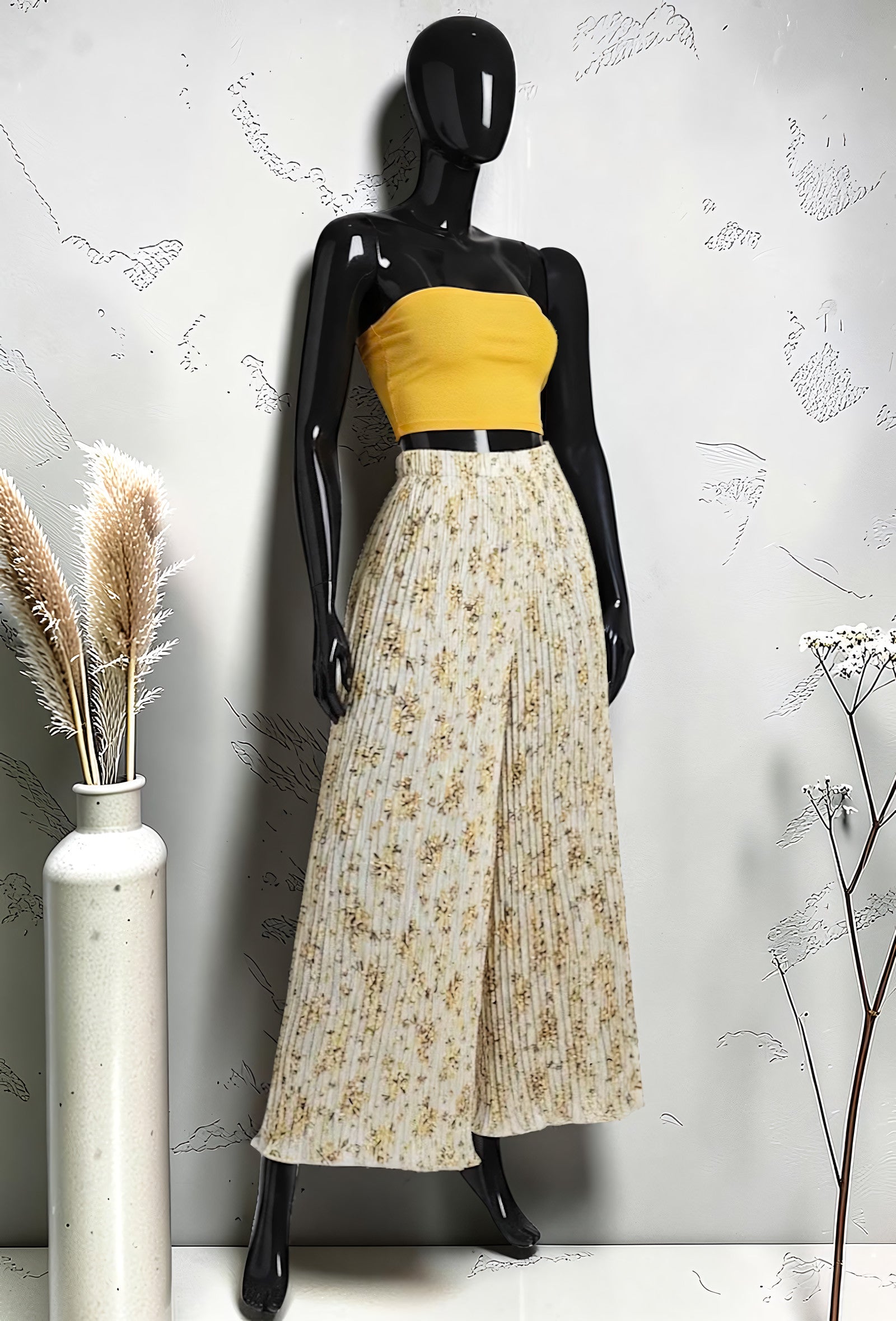 Pantalon Large Plissé Imprimé Doublé Jaune Clair – La Muse Parisienne – vue 1