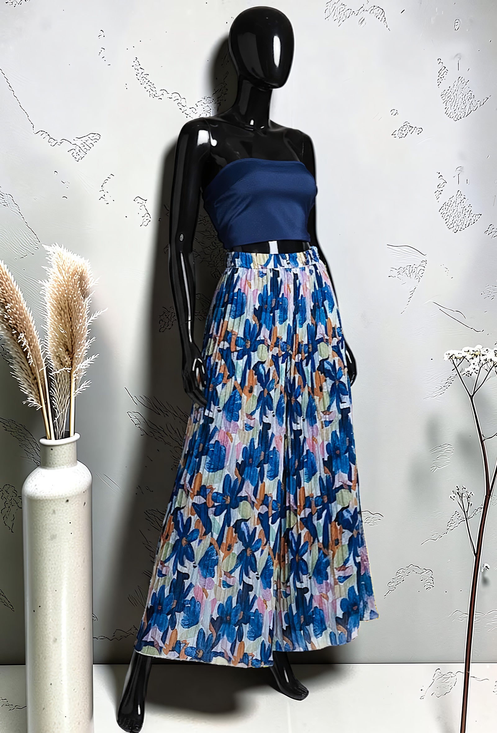 Pantalon Large Plissé Imprimé Doublé Marine – La Muse Parisienne – vue 1