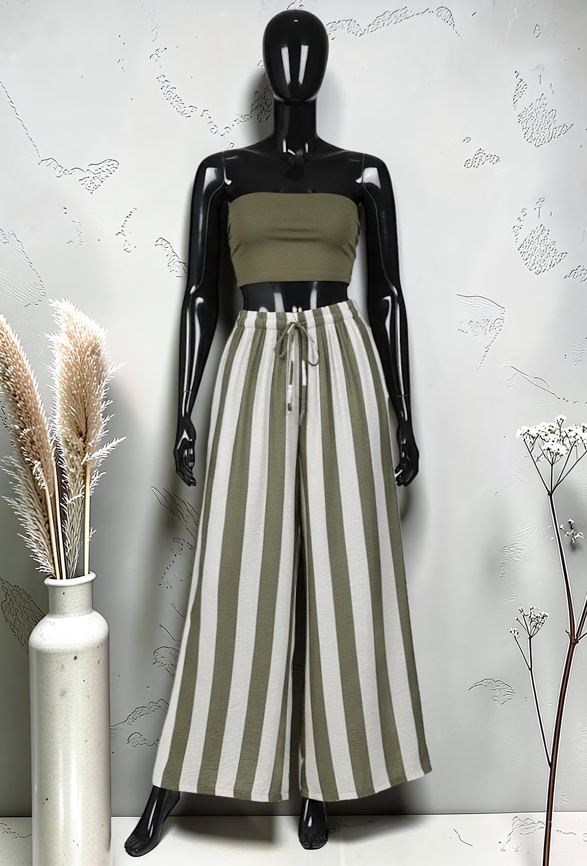 Pantalon Large à Rayures Taille Élastique Kaki – La Muse Parisienne – vue 1