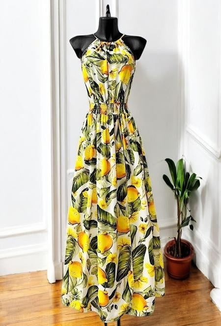 Robe Longue Fluide Imprimée Col Halter — Fente Avant | Collection 2026