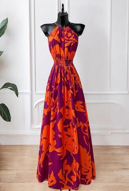 Robe Longue Fluide Imprimée Col Halter — Fente Avant | Collection 2026