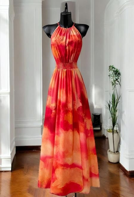Robe Longue Fluide Imprimée Col Halter — Fente Avant | Collection 2026